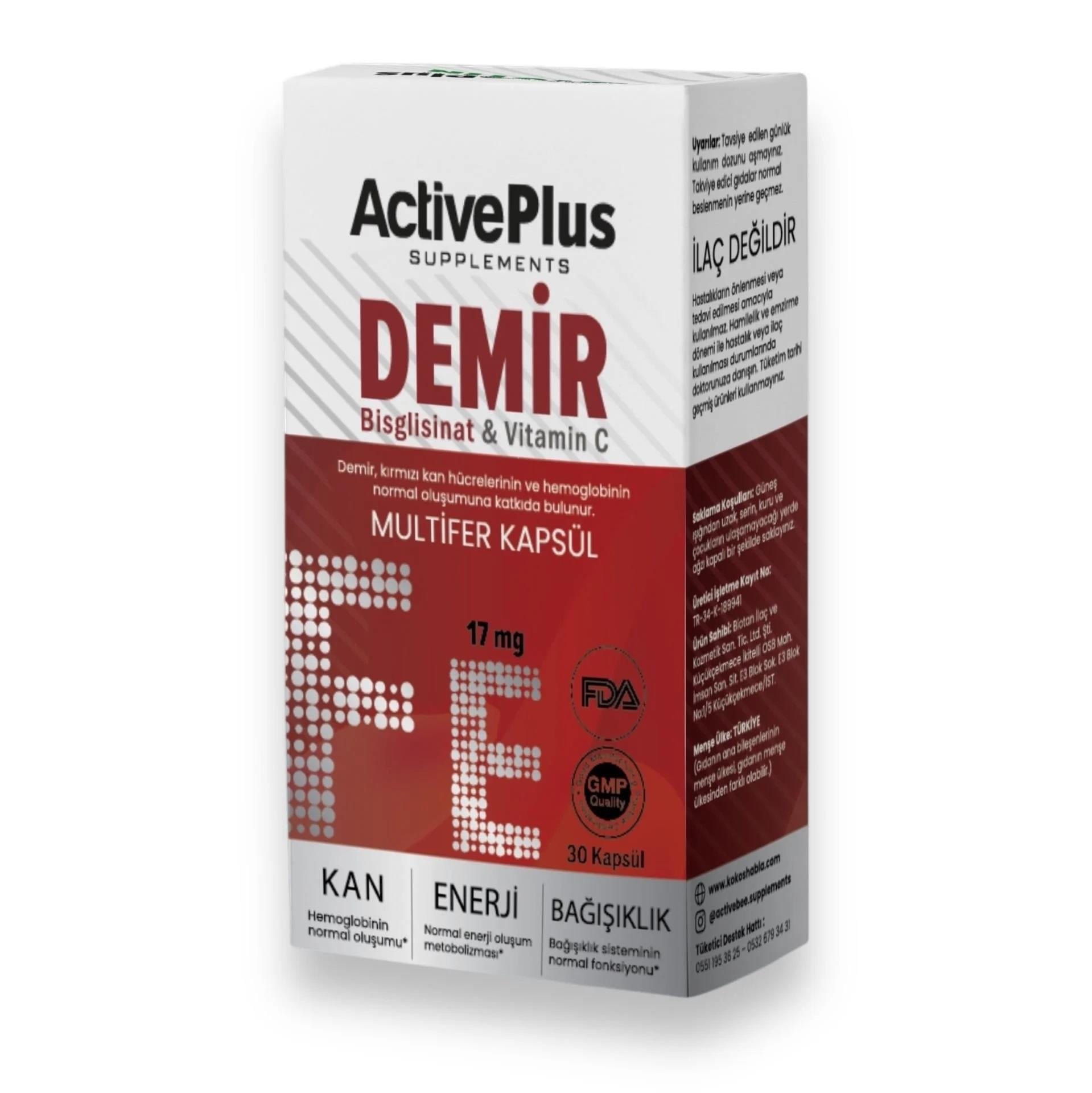 Active Plus Demir Bisglisinat & Vitamin C Multifer 30 Kapsül-Active Plus