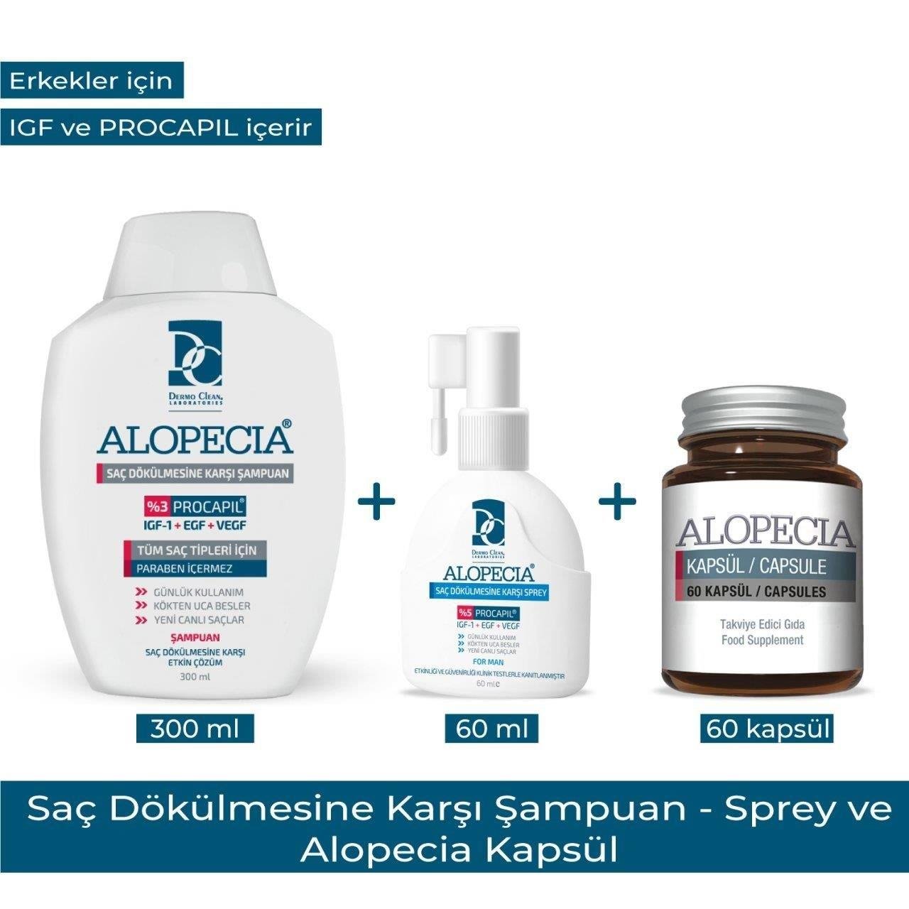 Alopecia Erkek Procapil Ve Igf İçerikli Şampuan & Sprey & 60 Kapsül Seti-Alopecia
