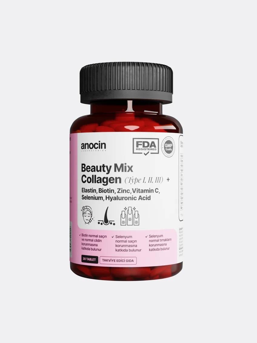 Anocin Beauty Mix Collagen Tip I-II-III Elastin Biotin Zinc Selenyum Hyaluronic Kolajen 30 Tablet-Anocin