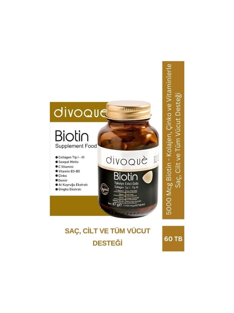 Divogue Biotin 5000 Mcg Kolajen Çinko ve Vitaminlerle Tüm Vücut Desteği 60 Tablet-DİVOGUE