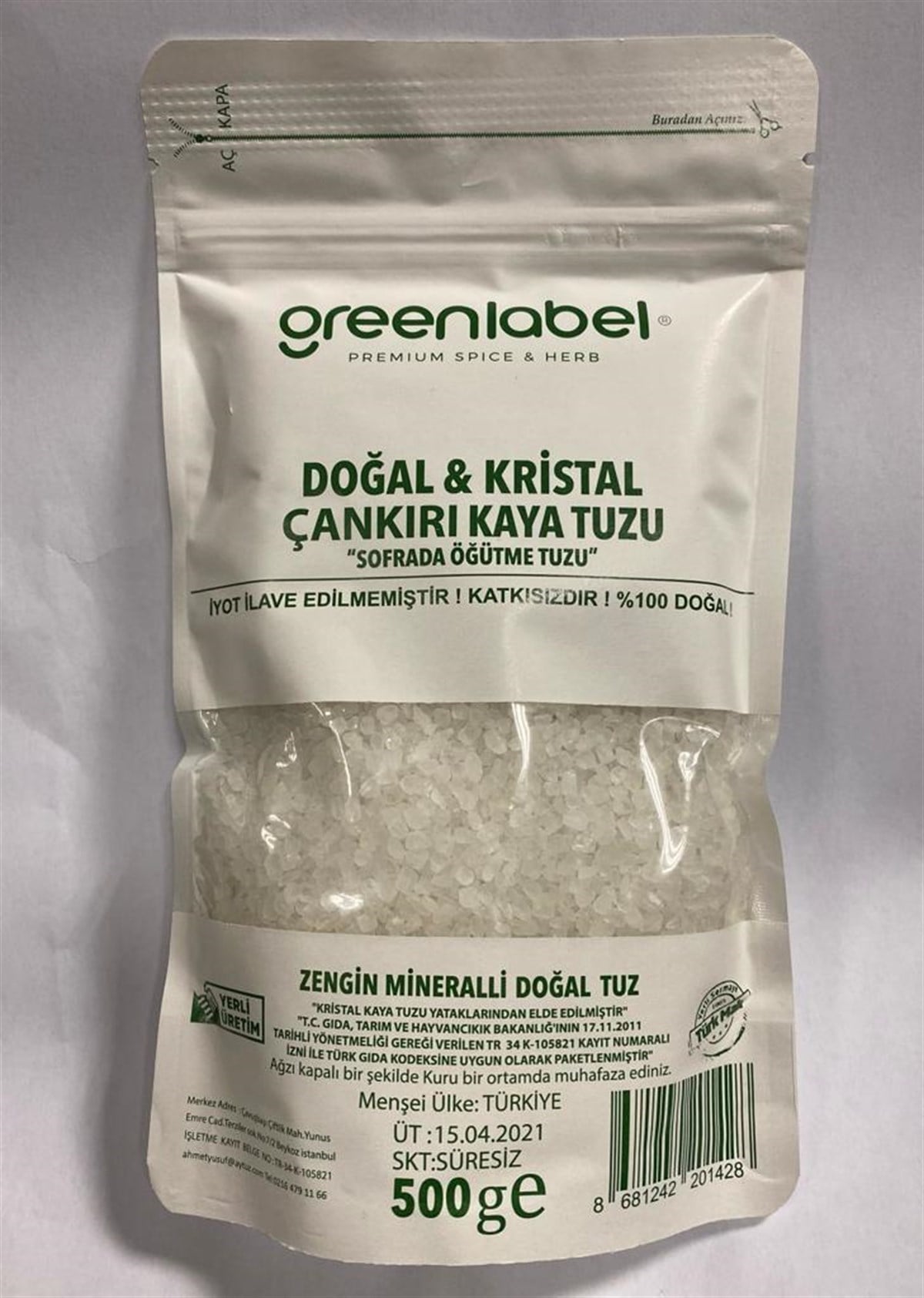 Green Label Doğal Kristal Çankırı Kaya Tuzu 500 gr Sofrada Öğütme