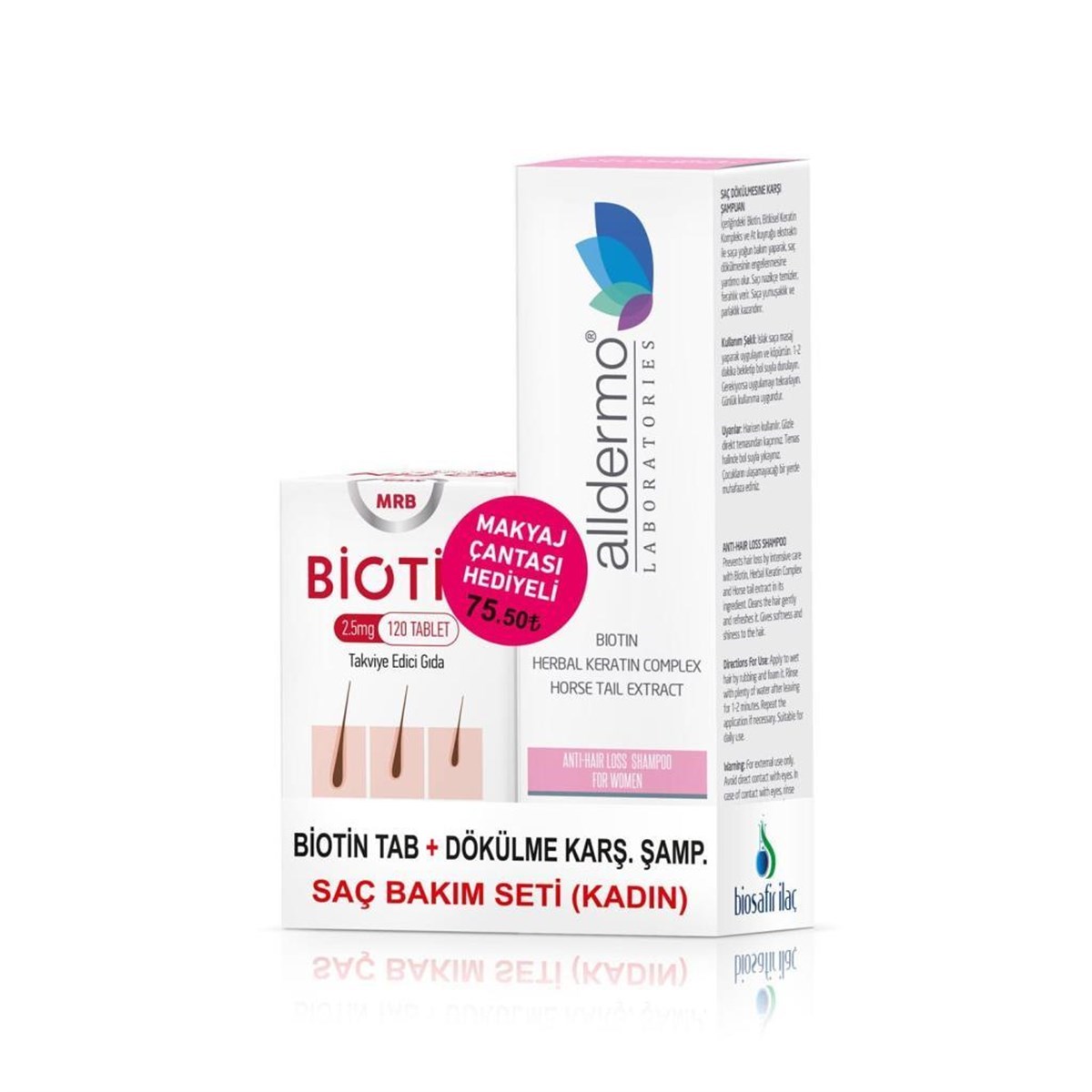 MRB Biotin 120 tablet + Alldermo Dökülme Karşıtı Şampuan Kadınlar İçin 200 ml (Çanta Hediyeli)