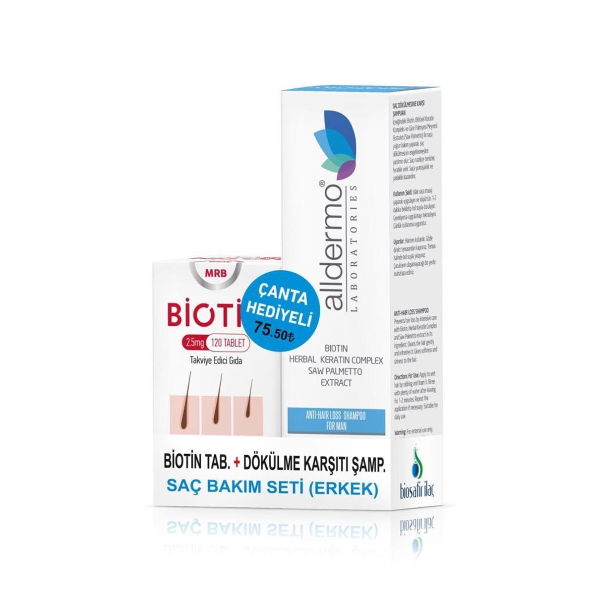 MRB Biotin 120 tablet + Alldermo Dökülme Karşıtı Şampuan Erkekler İçin 200 ml (Çanta Hediyeli)