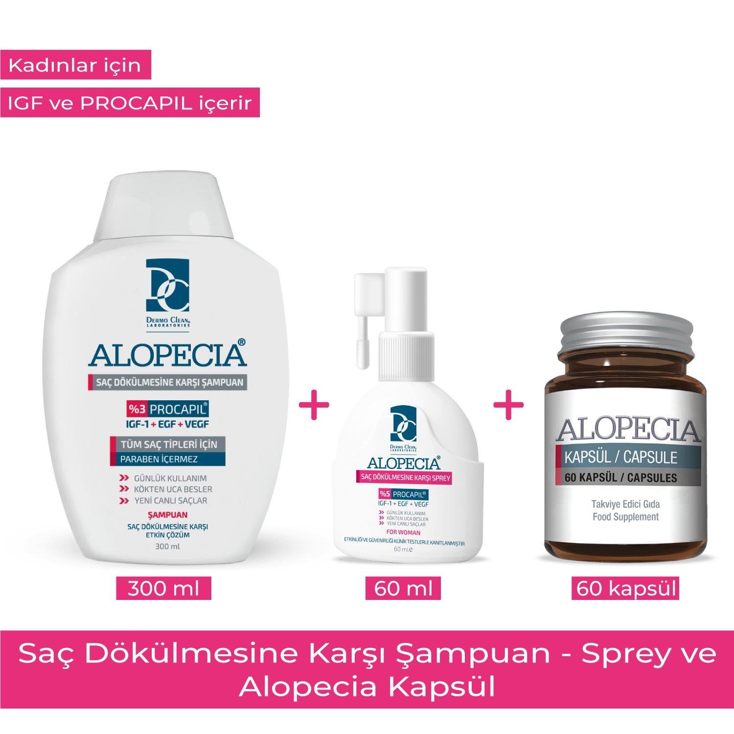 Alopecia Kadın Procapil Ve Igf İçerikli Şampuan & Sprey & 60 Kapsül Seti-Alopecia