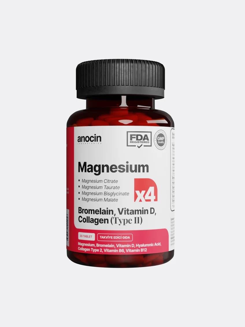 Anocin Magnezyum X4 Complex CitrateTaurate Bisglycinate Malate Bromelain Hyaluronik Asit D+ B12 + B6 30 Tablet-Anocin