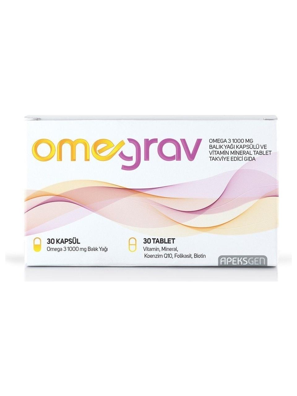 Apeksgen Omegrav Omega 3 Balık Yağı ve Vitamin İçeren Mineral 30 Tablet 30 Kapsül 1000 mg-Apeksgen