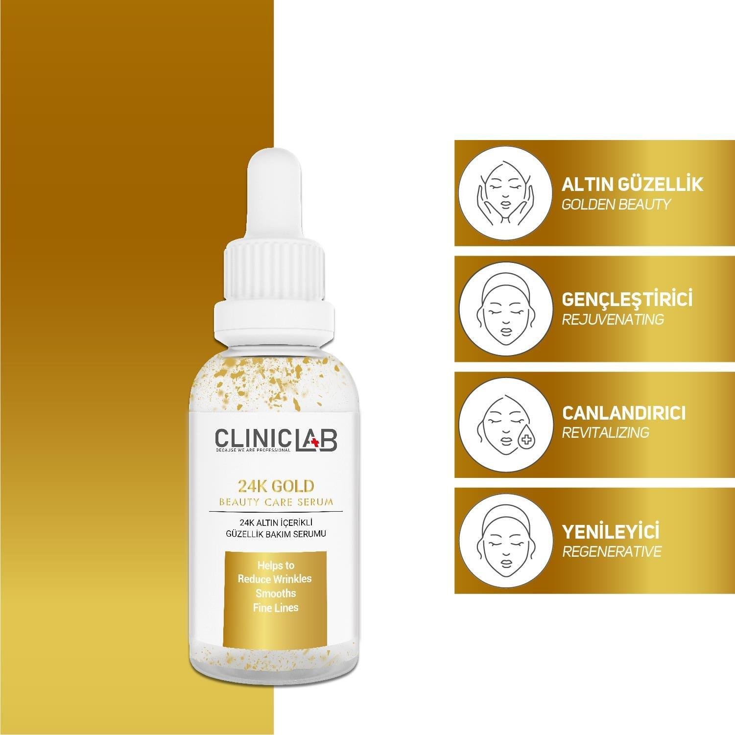 Cliniclab 24K Gold Altın Parçacıklı Yaşlanma Karşıtı Güzellik ve Bakım Serumu 30 ml-Cliniclab