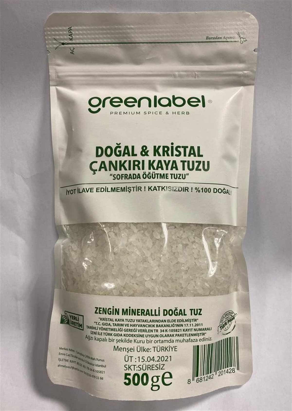 Green Label Doğal Kristal Çankırı Kaya Tuzu 500 gr Sofrada Öğütme