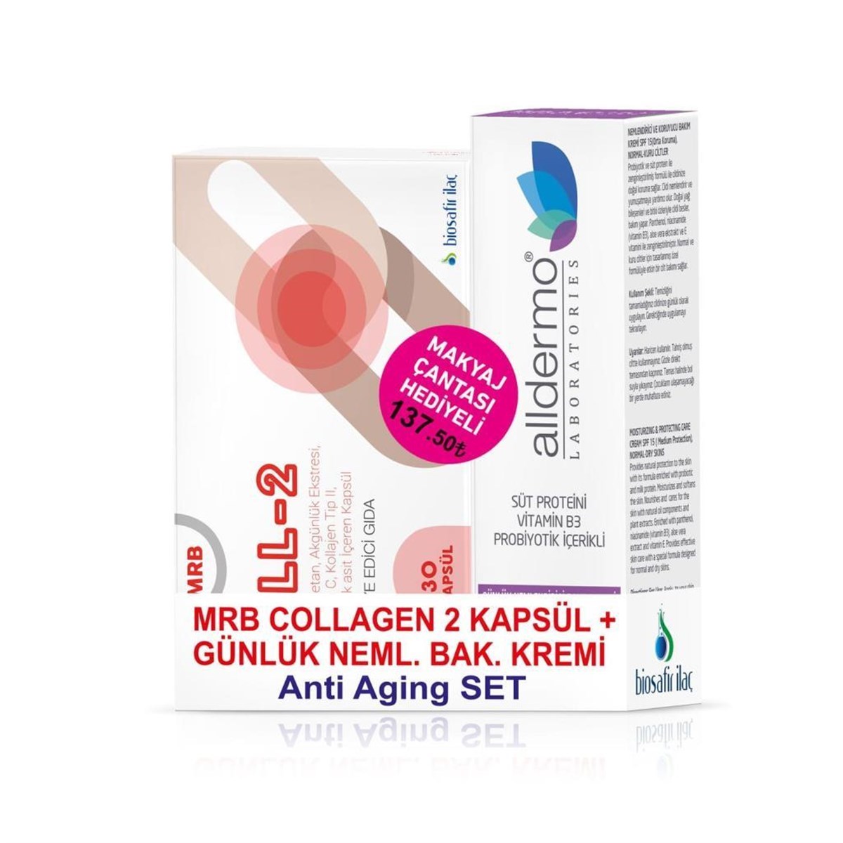 MRB Coll-2 30 Tablet + Alldermo Günlük Nemlendirici Bakım Kremi 50 ml Anti-Aging Set (Maktaj Çantası Hediyeli)