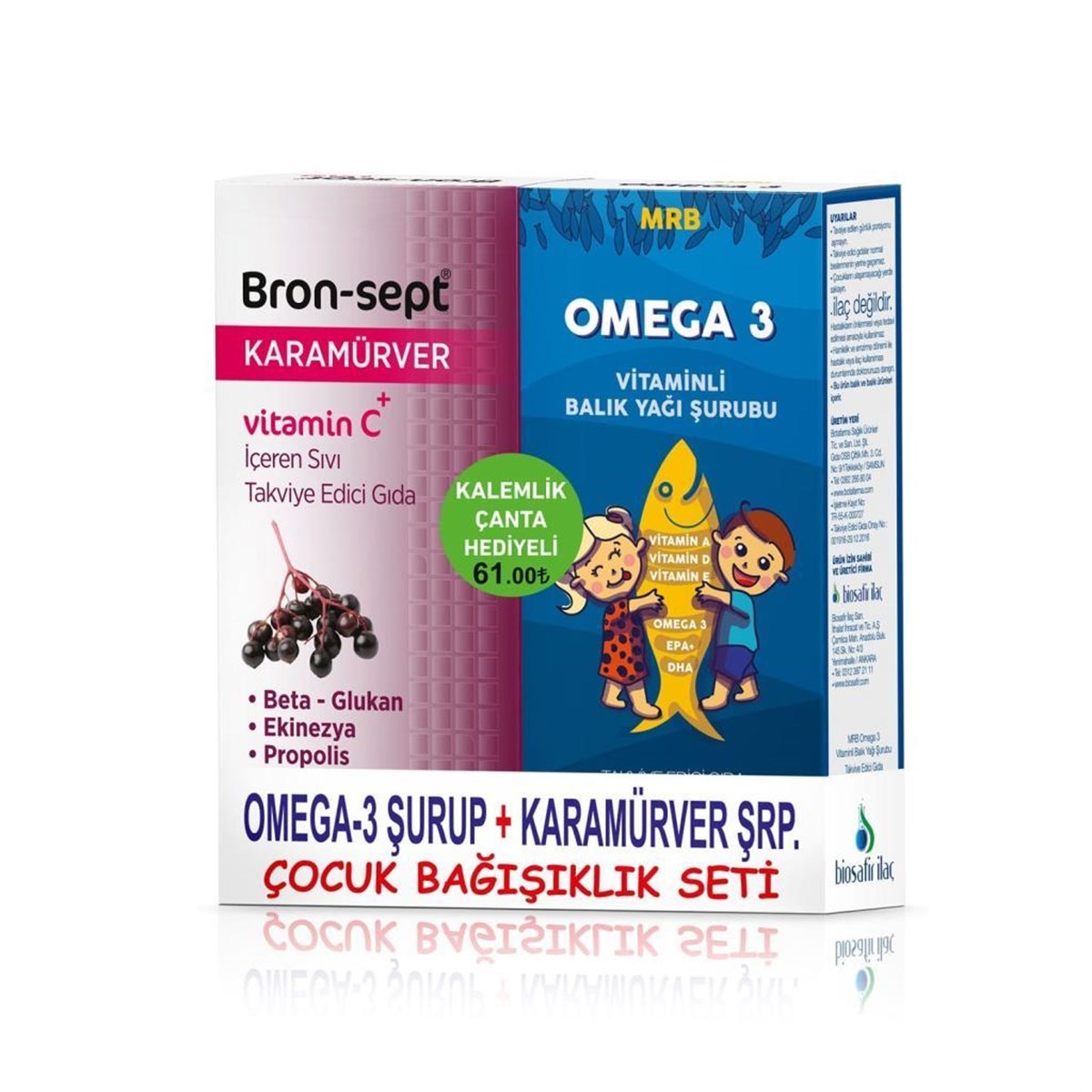 MRB Omega 3 Şurup 100 ml + Bron-Sept Karamürver Şurup 100 ml (Kalemlik Çanta Hediyeli)