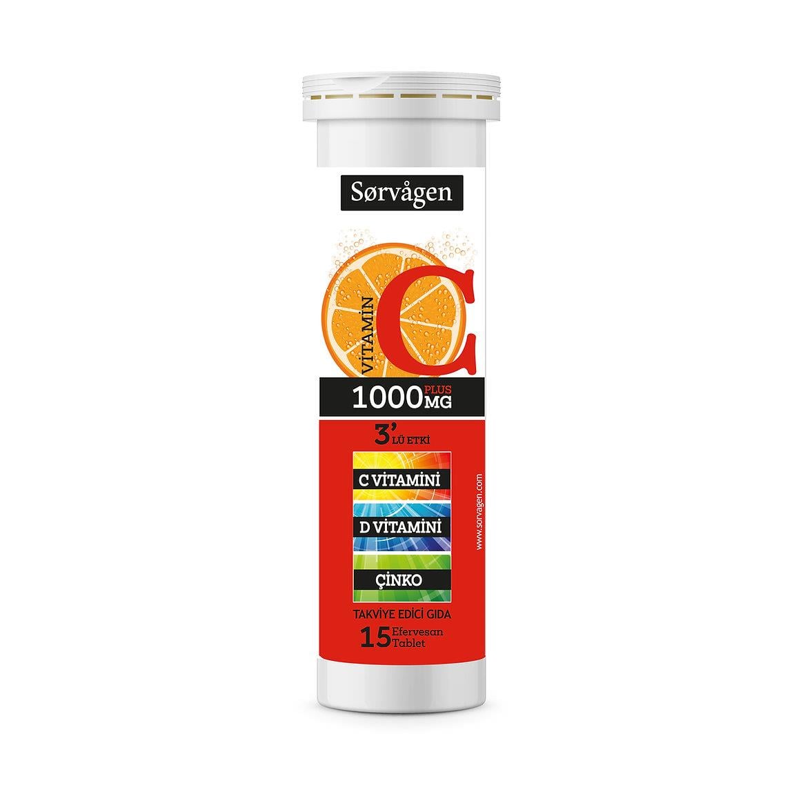Sorvagen C vitamini 1000 Mg + D3 + Çinko 3'lü Etki 15 Efervesan Tablet-Sorvagen