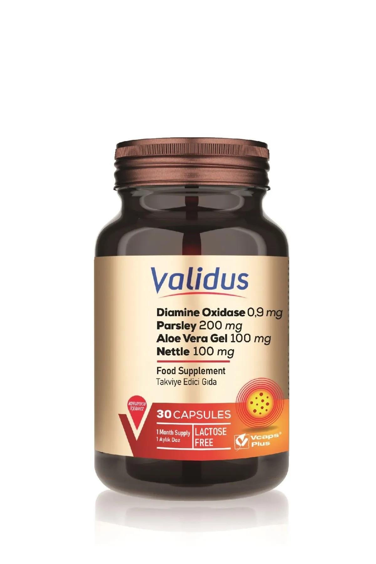 Validus Diamine Oxidase 0,9 mg Parsley 200 mg Aloe Vera Gel 100 mg Nettle 100 mg 30 Kapsül-Validus