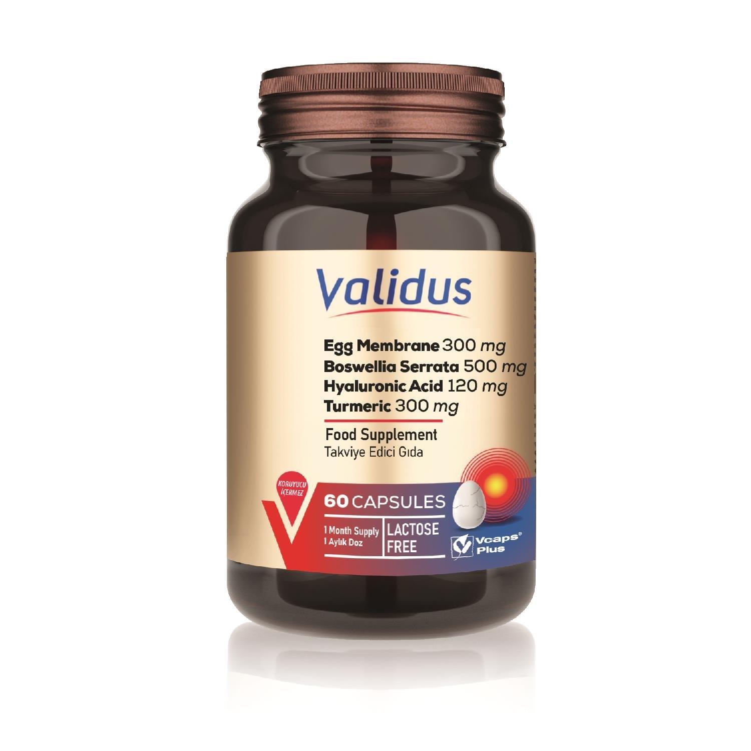 Validus Egg Membrane 300 mg Boswellia Serrata 500 mg Hyaluronic Acid 120 mg Turmeric 300 mg 60 Kapsül-Validus