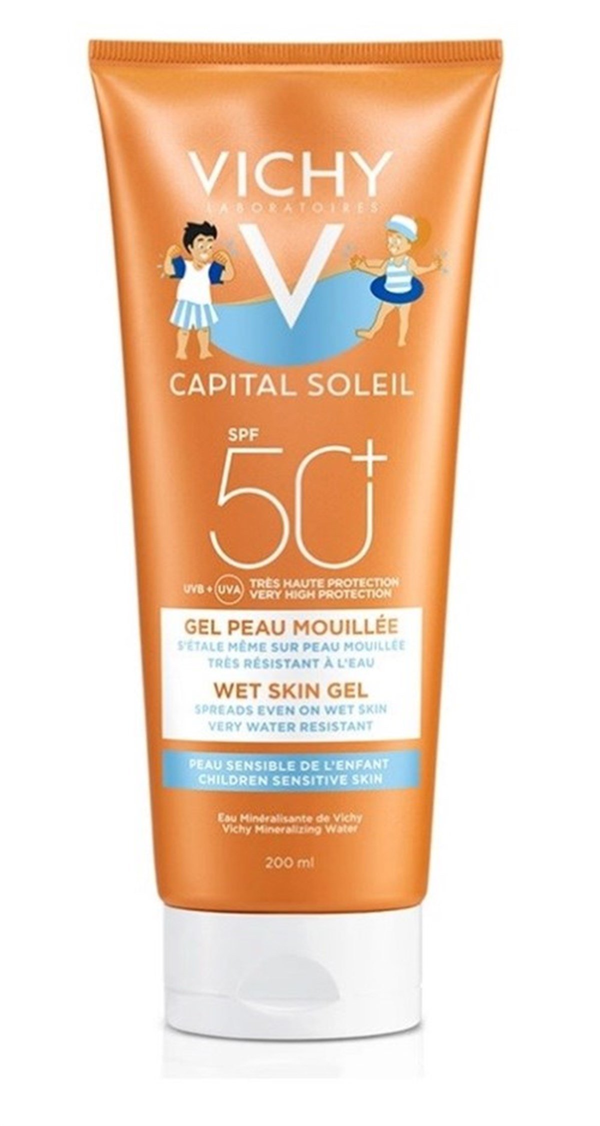 Vichy Capital Soleil Wet Skin Gel  SPF50+ 200 ml ( Çocuklar için suda ve yüzdükten sonra bile etkinliğini koruyan çok yüksek korumalı yüz ve vücut sütü )