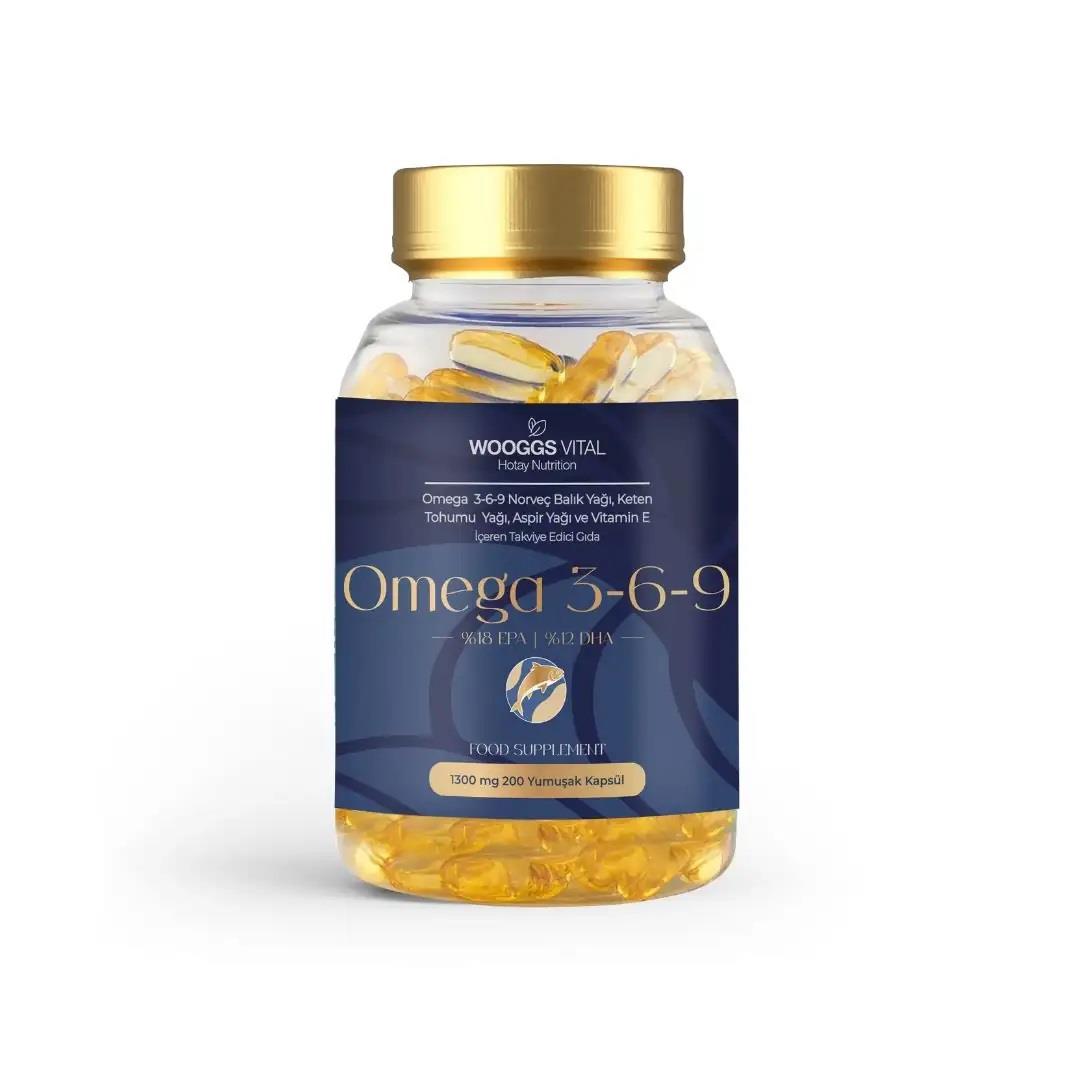 Wooggs Vital Omega 3-6-9 Norveç Balık Yağı Keten Tohumu Yağı Aspir Yağı ve Vitamin E  1300 mg 200 Kapsül-Wooggs Vital