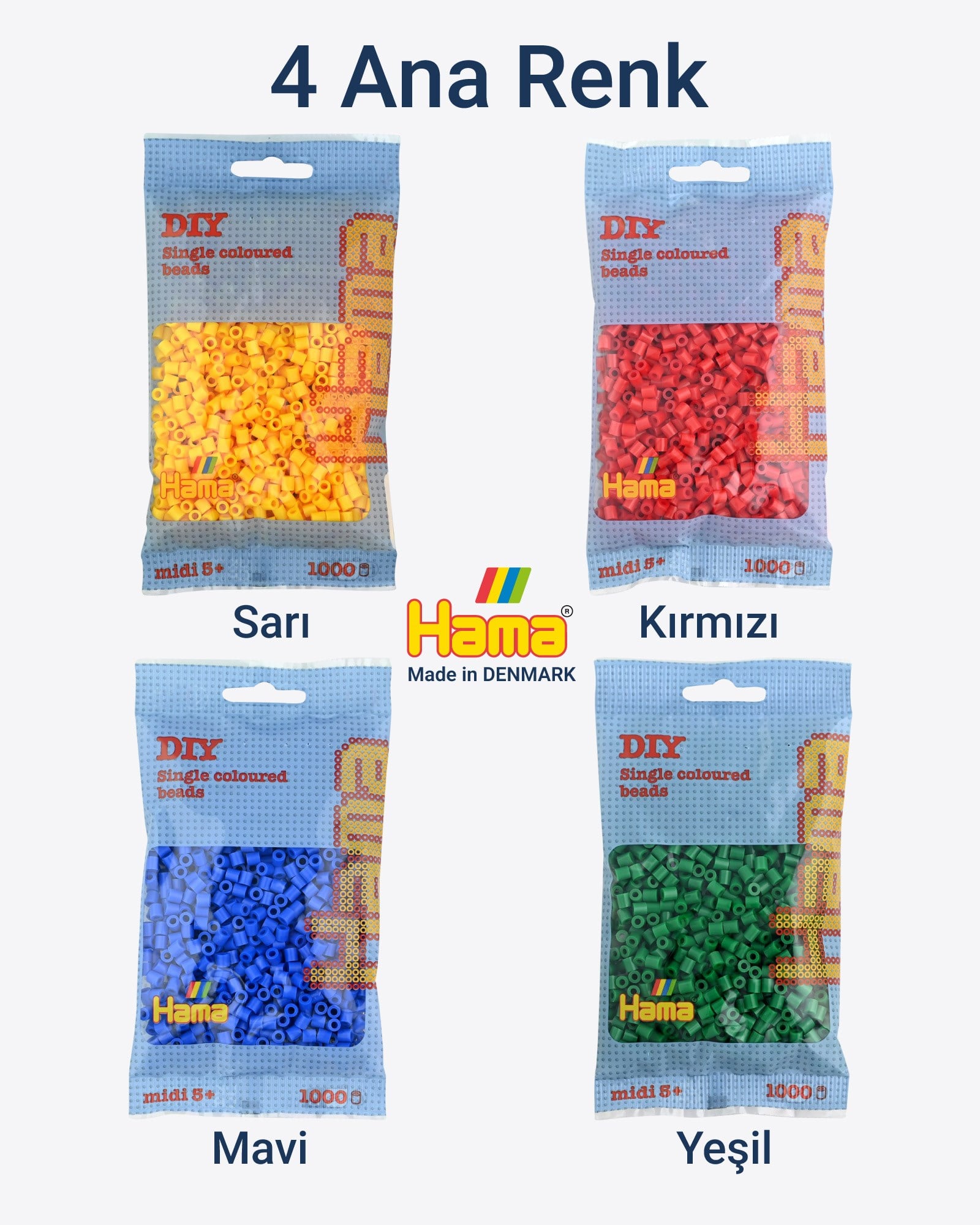 Hama Midi Boncuk 1000'lik - 4 Ana Renk Sarı Kırmızı Mavi Yeşil