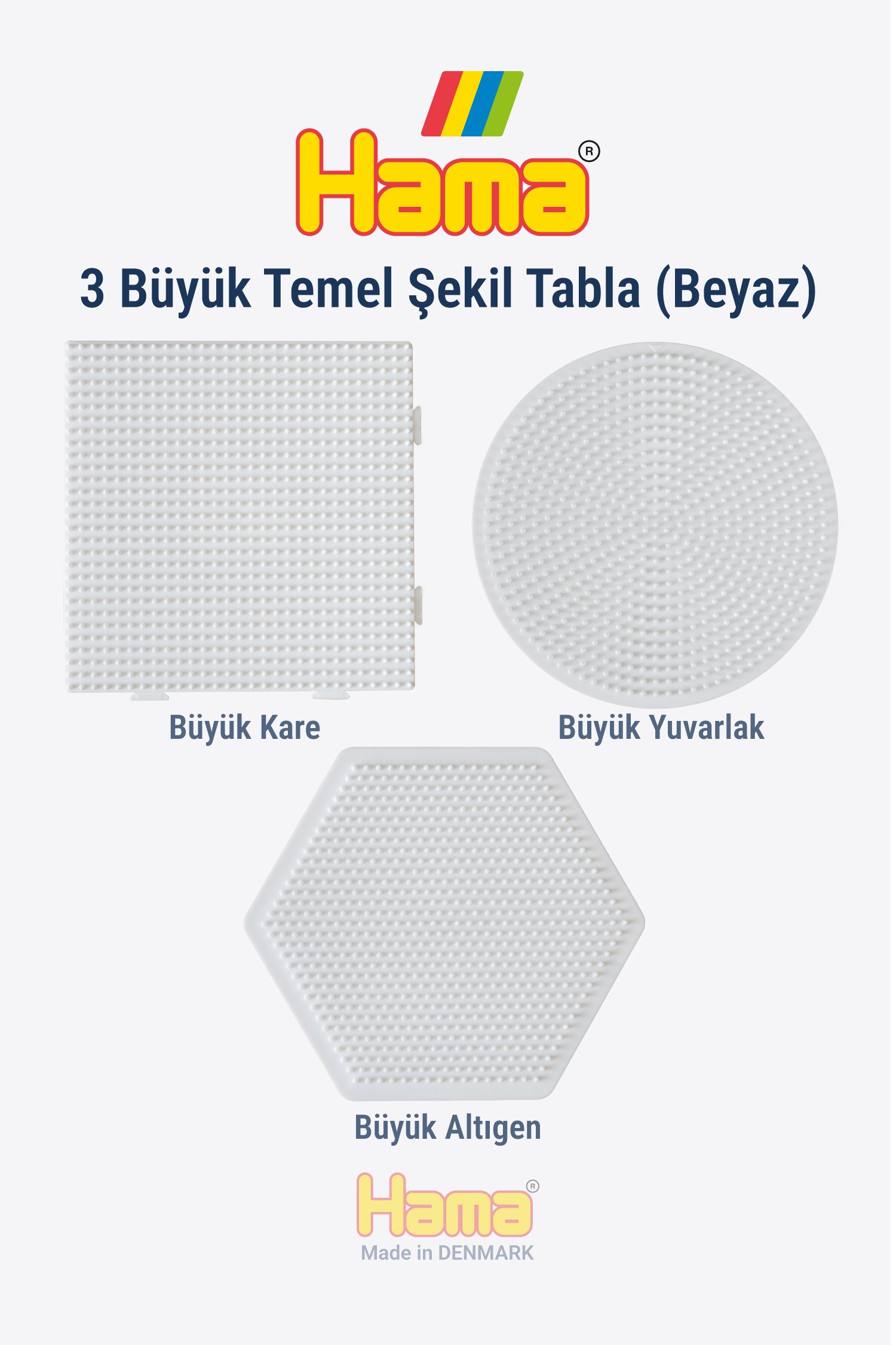 Hama Midi Boncuk Dizme Tablası - 3 Büyük Temel Şekil Tabla Beyaz Renk