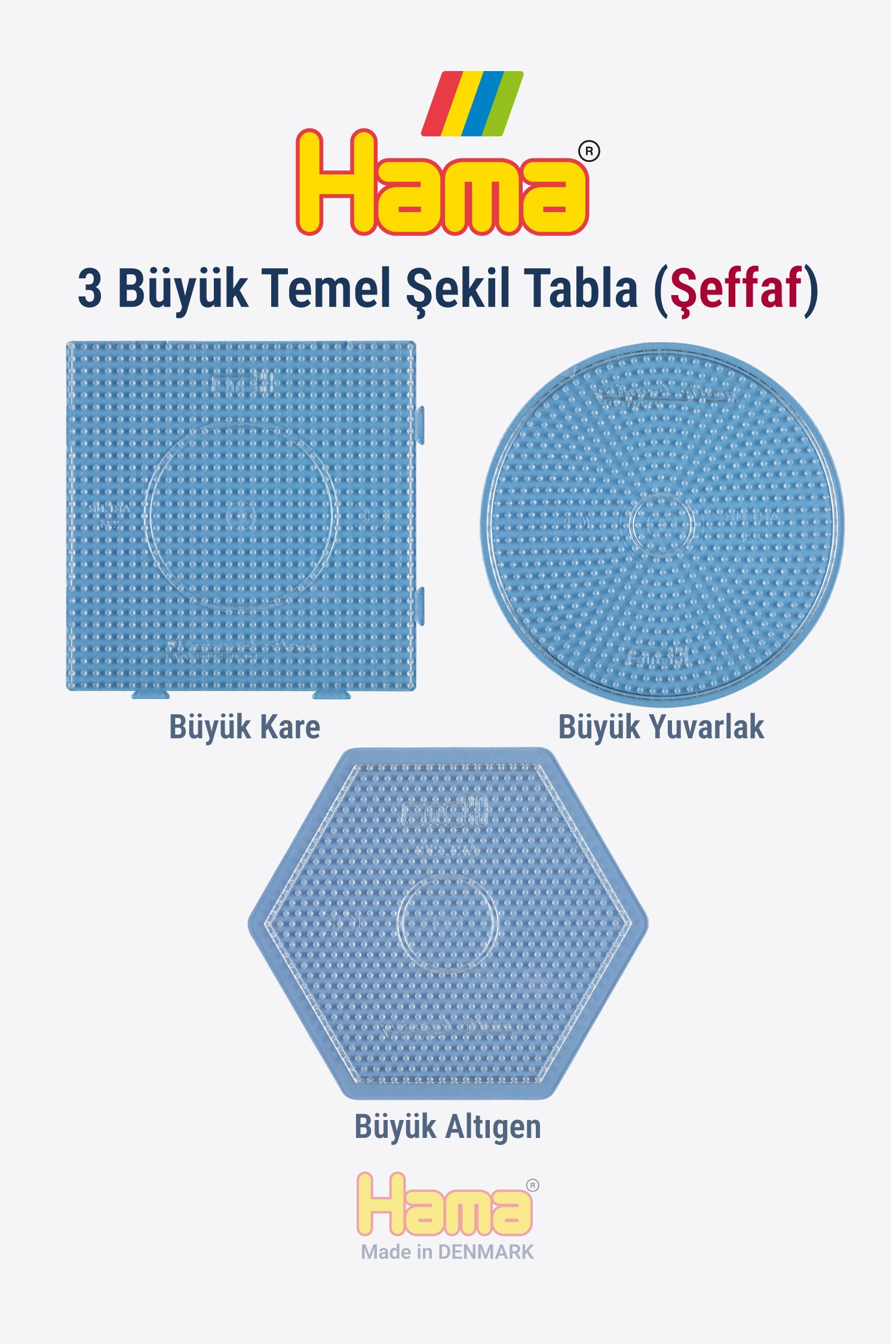 Hama Midi Boncuk Dizme Tablası - 3 Büyük Temel Şekil Tabla Şeffaf Renk