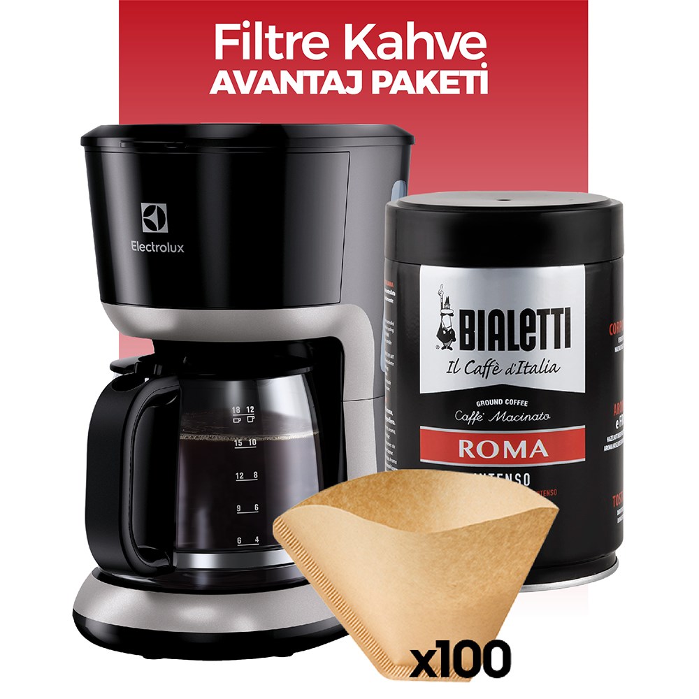 Electrolux EKF3300 Filtre Kahve Makinesi + 250 gr Bialetti Roma Kahve +  100'lü Filtre Avantaj
