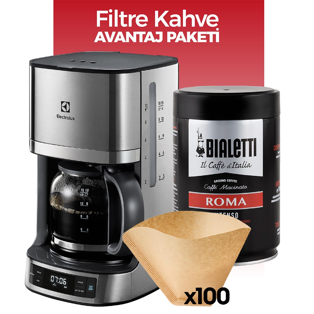 Electrolux EKF7700 Filtre Kahve Makinesi + 250 gr Bialetti Roma Kahve +  100'lü Filtre Avantaj