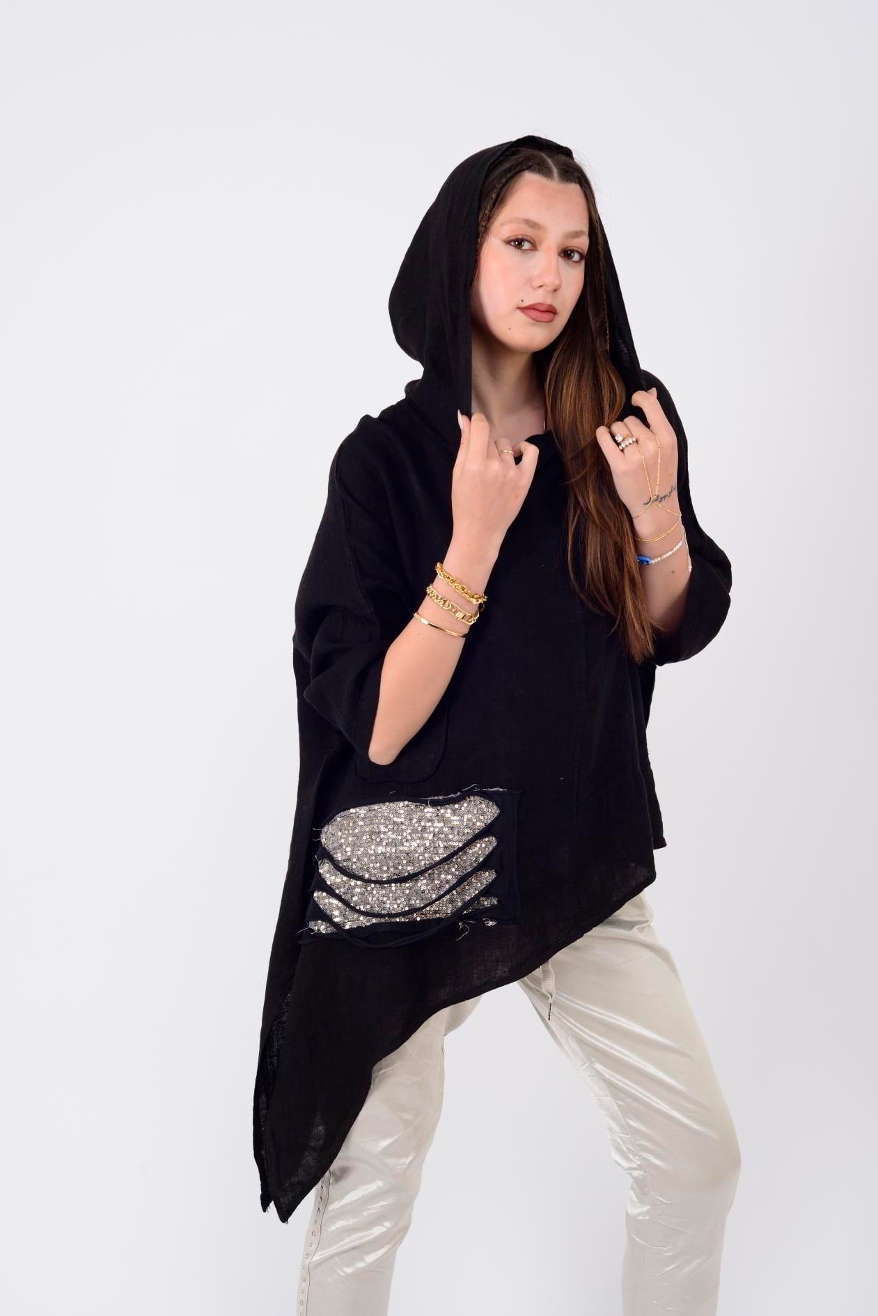 10579 DEGAJE YAKA PUL DETAYLI ASİMETRİK KESİM KETEN BLUZ
