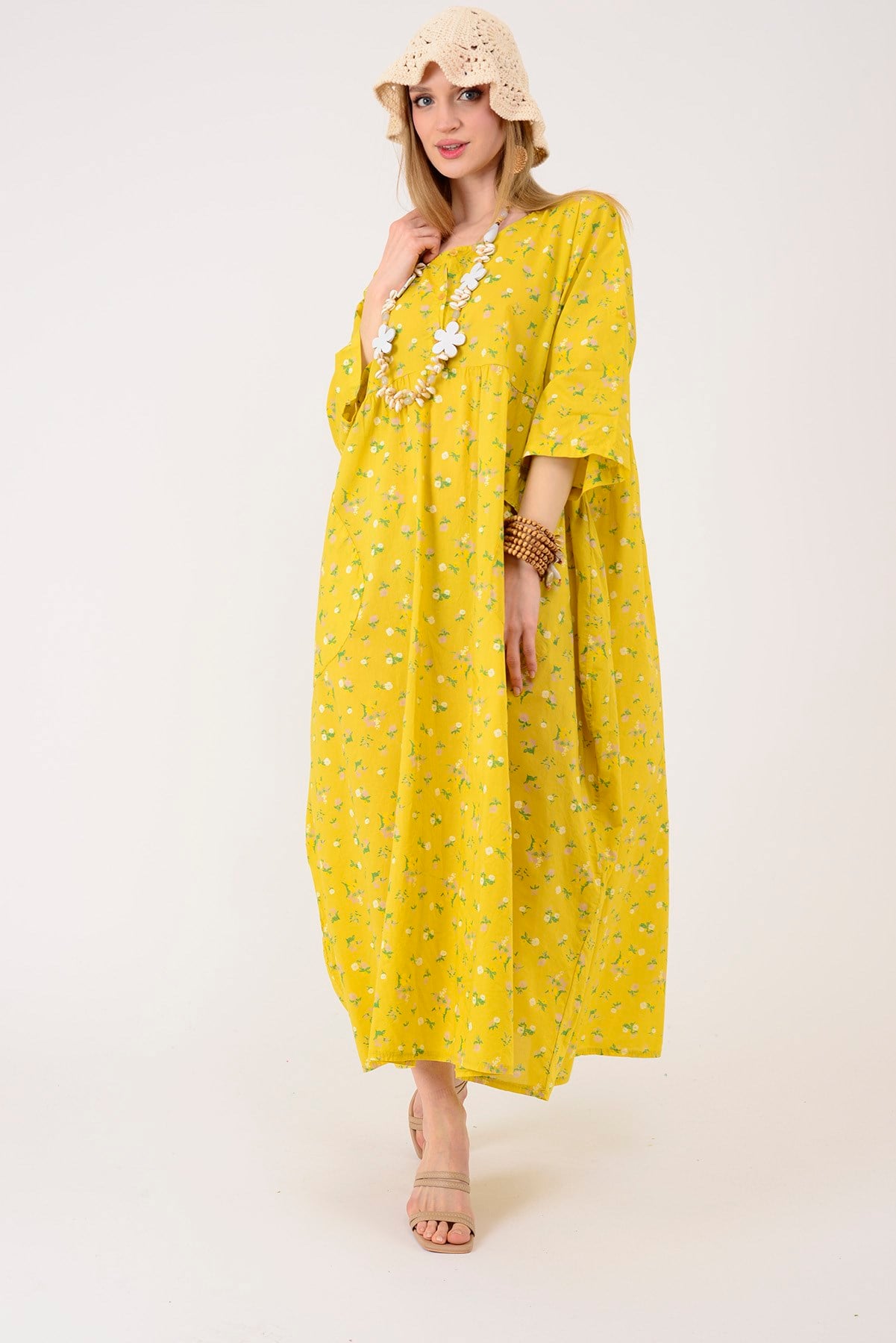 10964 LOVA ÇITIR ÇİÇEK DESEN ÜÇ DÜĞMELİ ELBİSE