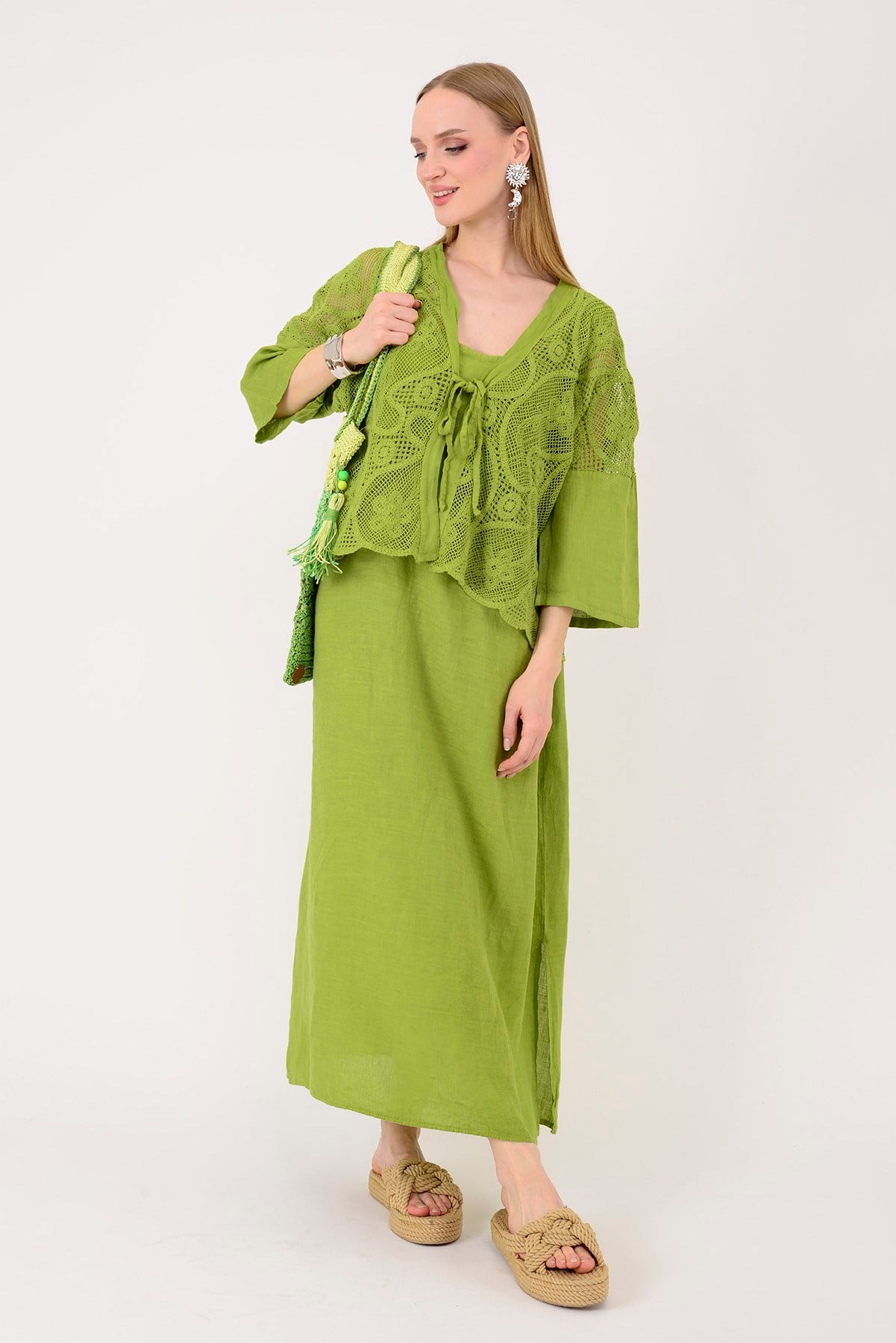 11694 LOVA AJUR BOLERO DETAYLI 2Lİ KETEN TAKIM ELBİSE