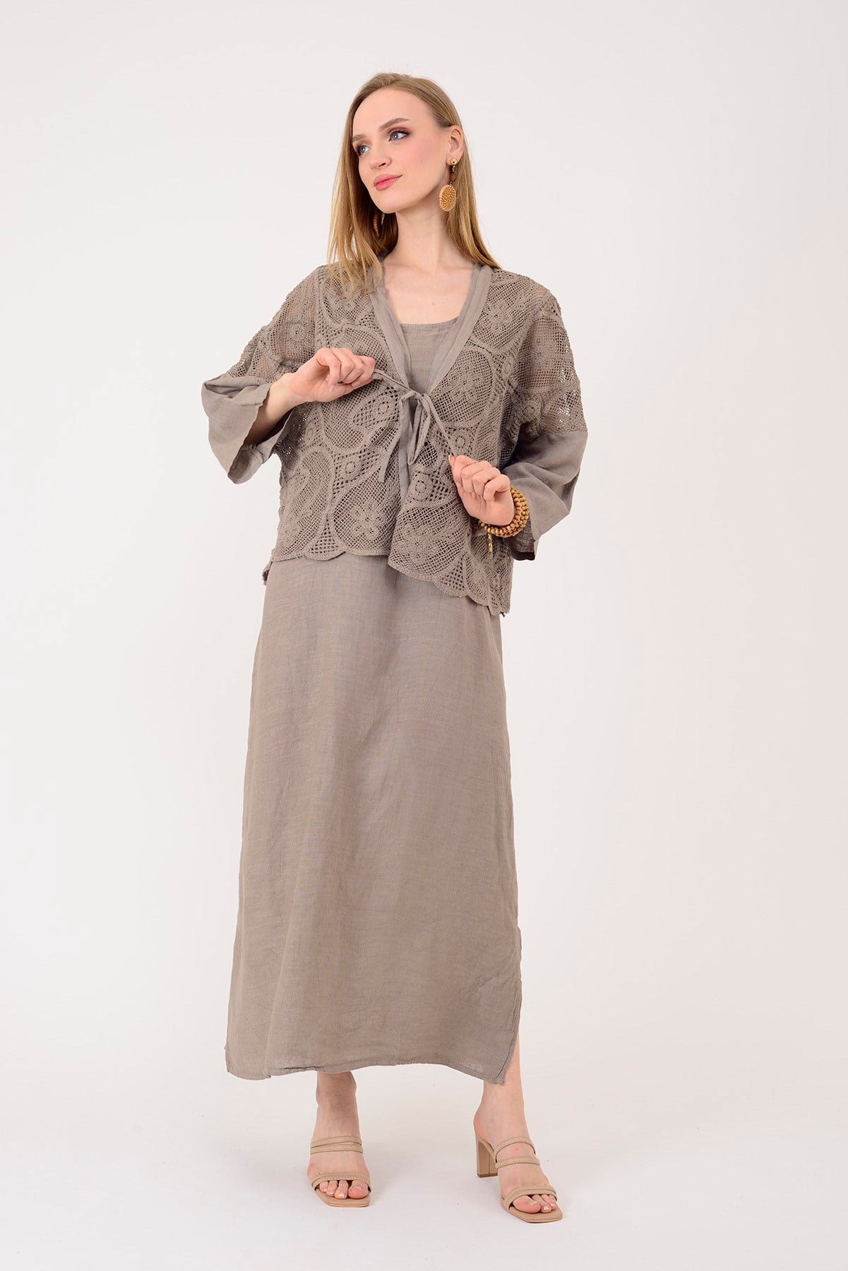 11694 LOVA AJUR BOLERO DETAYLI 2Lİ KETEN TAKIM ELBİSE