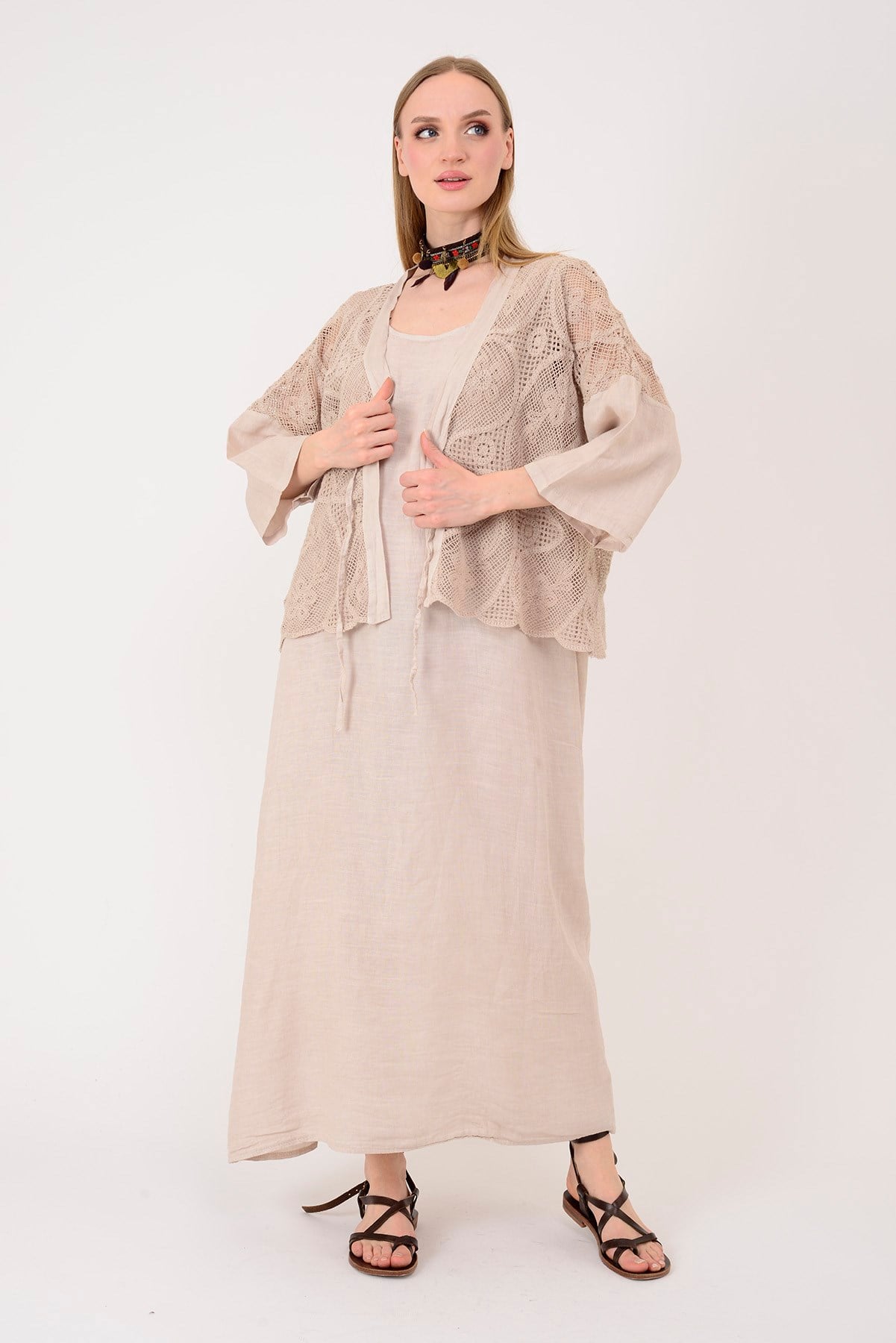 11694 LOVA AJUR BOLERO DETAYLI 2Lİ KETEN TAKIM ELBİSE