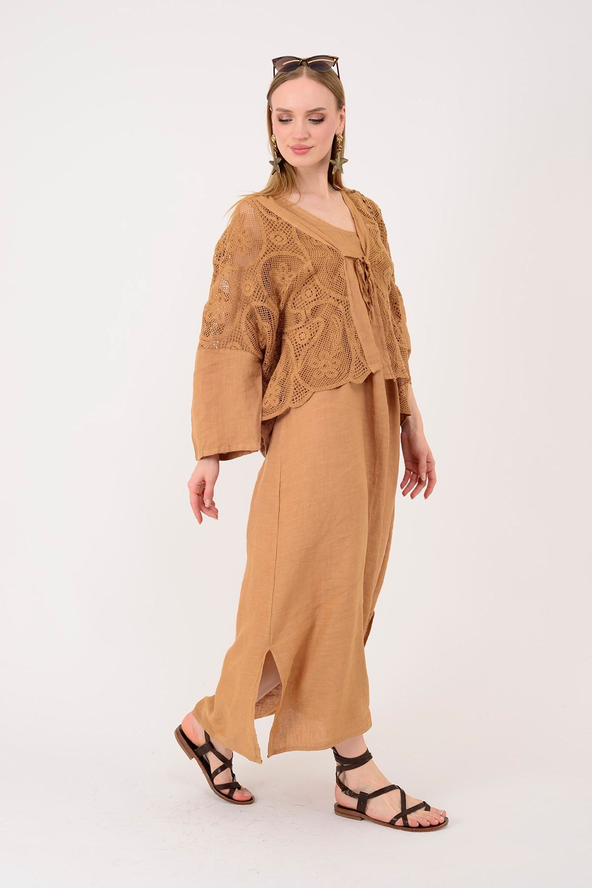 11694 LOVA AJUR BOLERO DETAYLI 2Lİ KETEN TAKIM ELBİSE