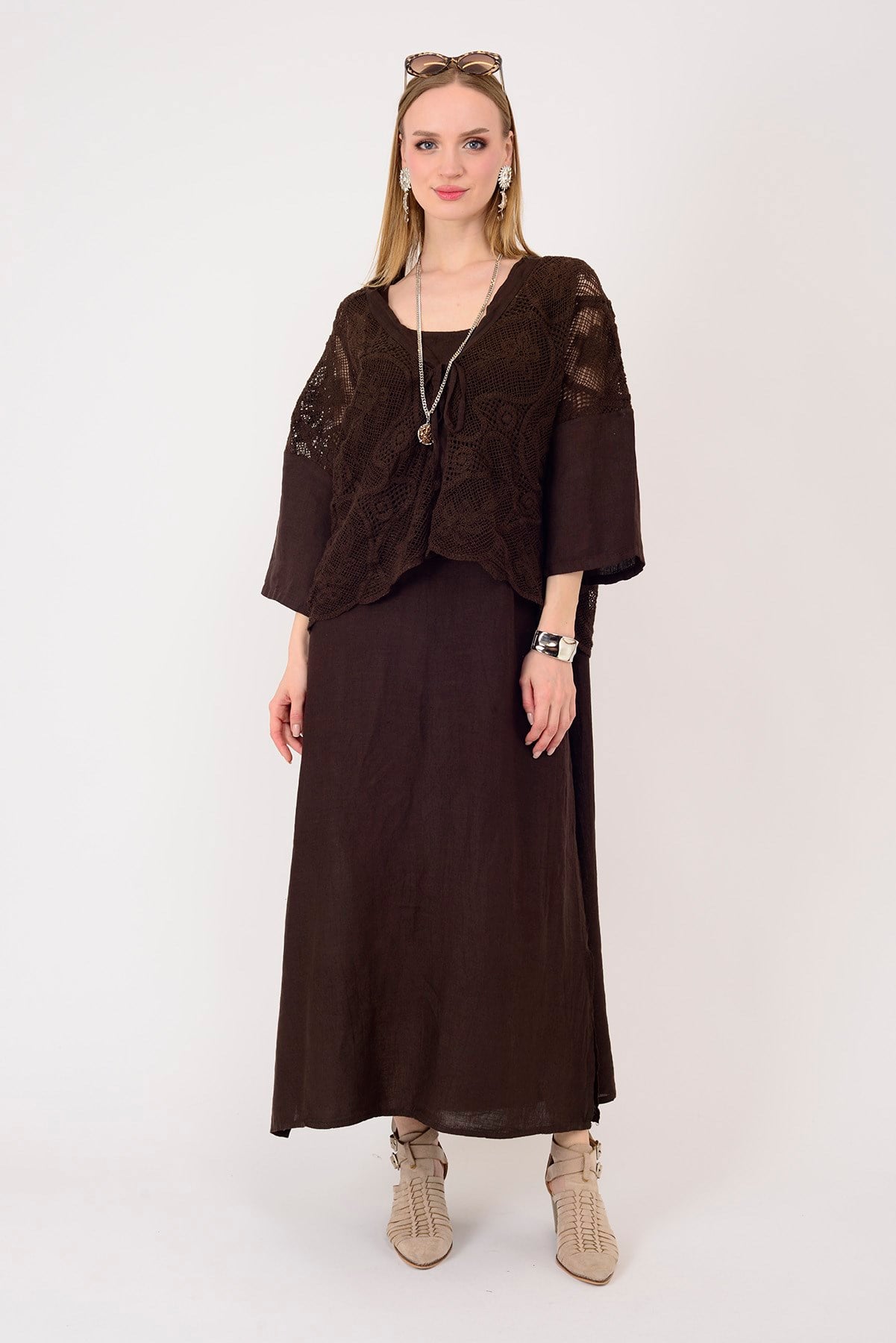 11694 LOVA AJUR BOLERO DETAYLI 2Lİ KETEN TAKIM ELBİSE