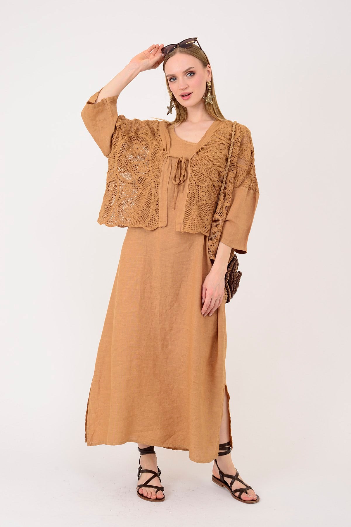 11694 LOVA AJUR BOLERO DETAYLI 2Lİ KETEN TAKIM ELBİSE