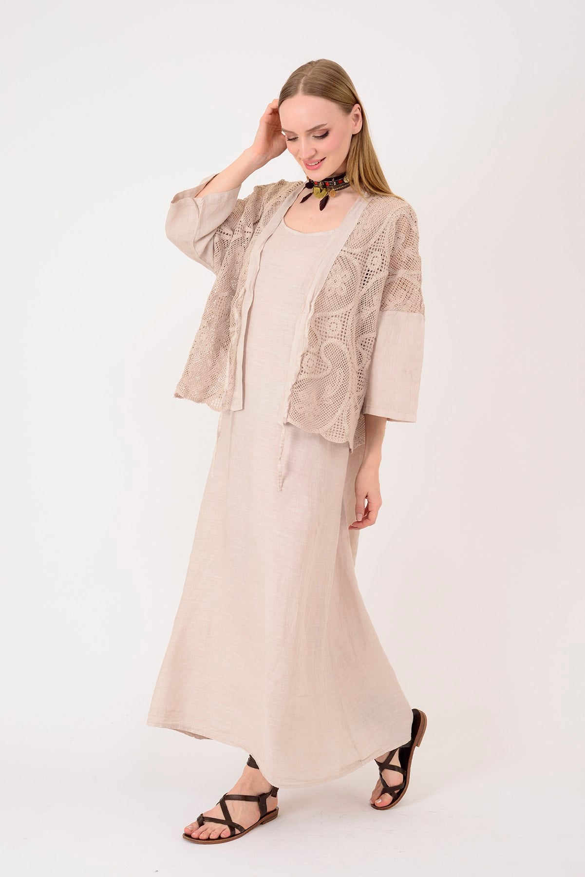 11694 LOVA AJUR BOLERO DETAYLI 2Lİ KETEN TAKIM ELBİSE