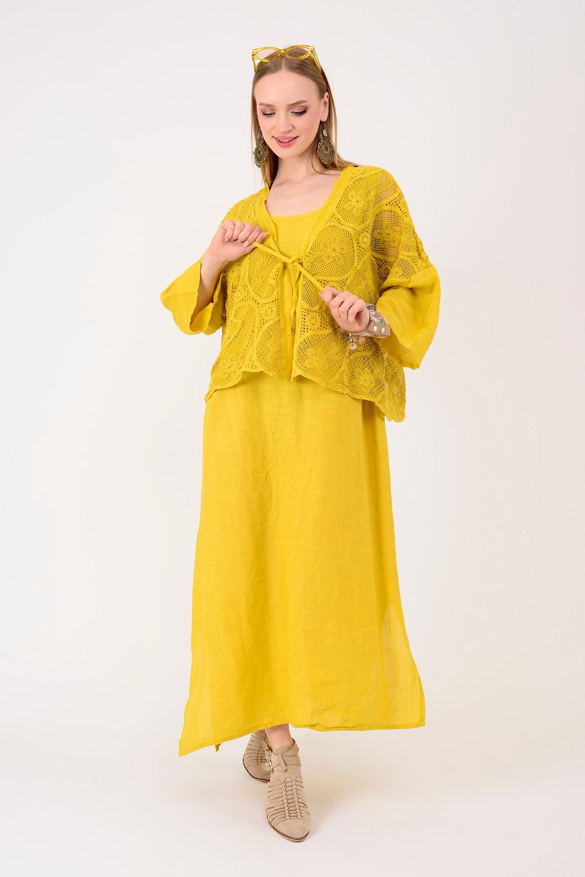 11694 LOVA AJUR BOLERO DETAYLI 2Lİ KETEN TAKIM ELBİSE