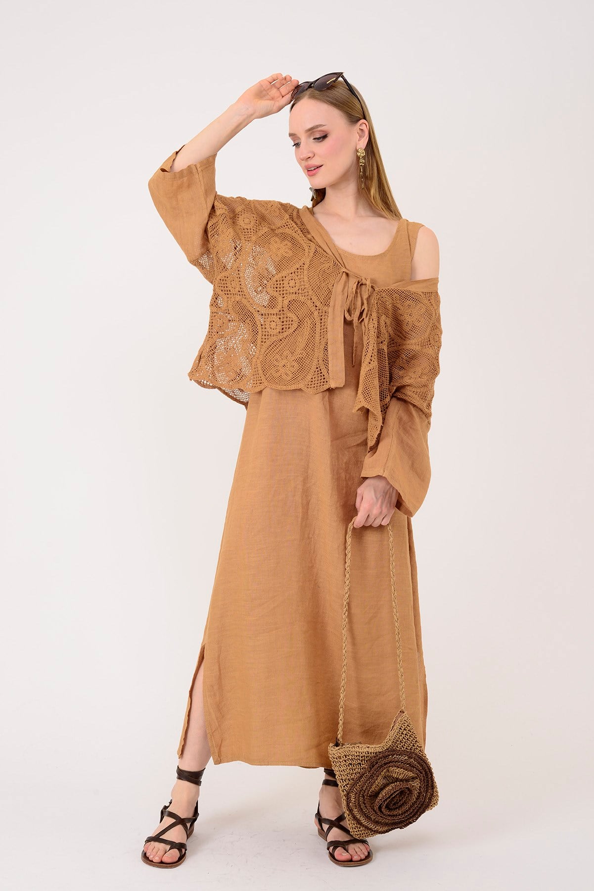 11694 LOVA AJUR BOLERO DETAYLI 2Lİ KETEN TAKIM ELBİSE