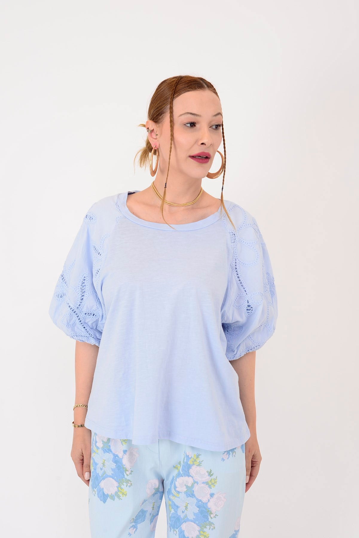 12260 FİSTOLU BALON KOL PAMUK BLUZ