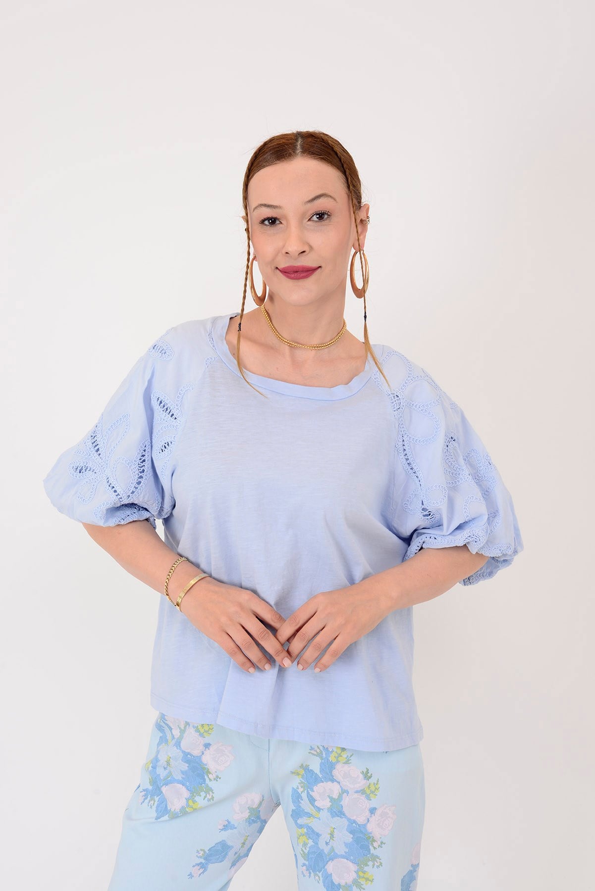 12260 FİSTOLU BALON KOL PAMUK BLUZ