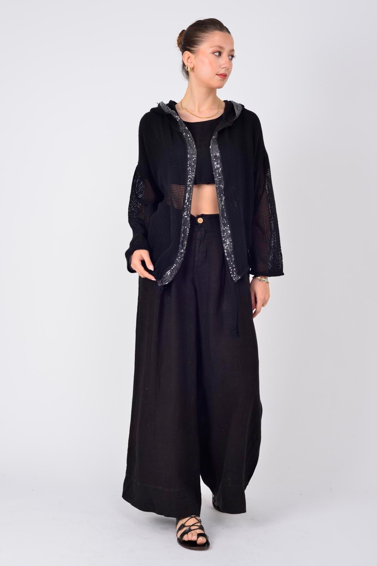 12786 PİLE DETAYLI KETEN PANTOLON