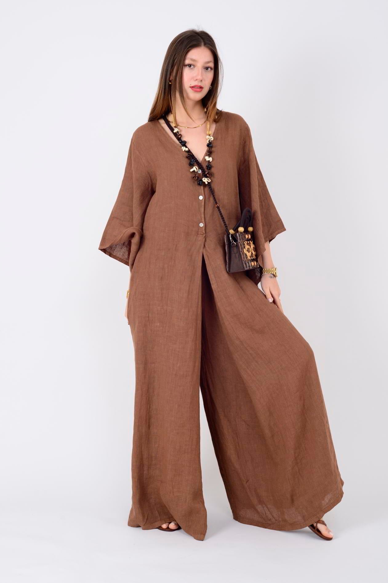 13927 ÜÇ DÜĞMELİ V YAKA KETEN TULUM