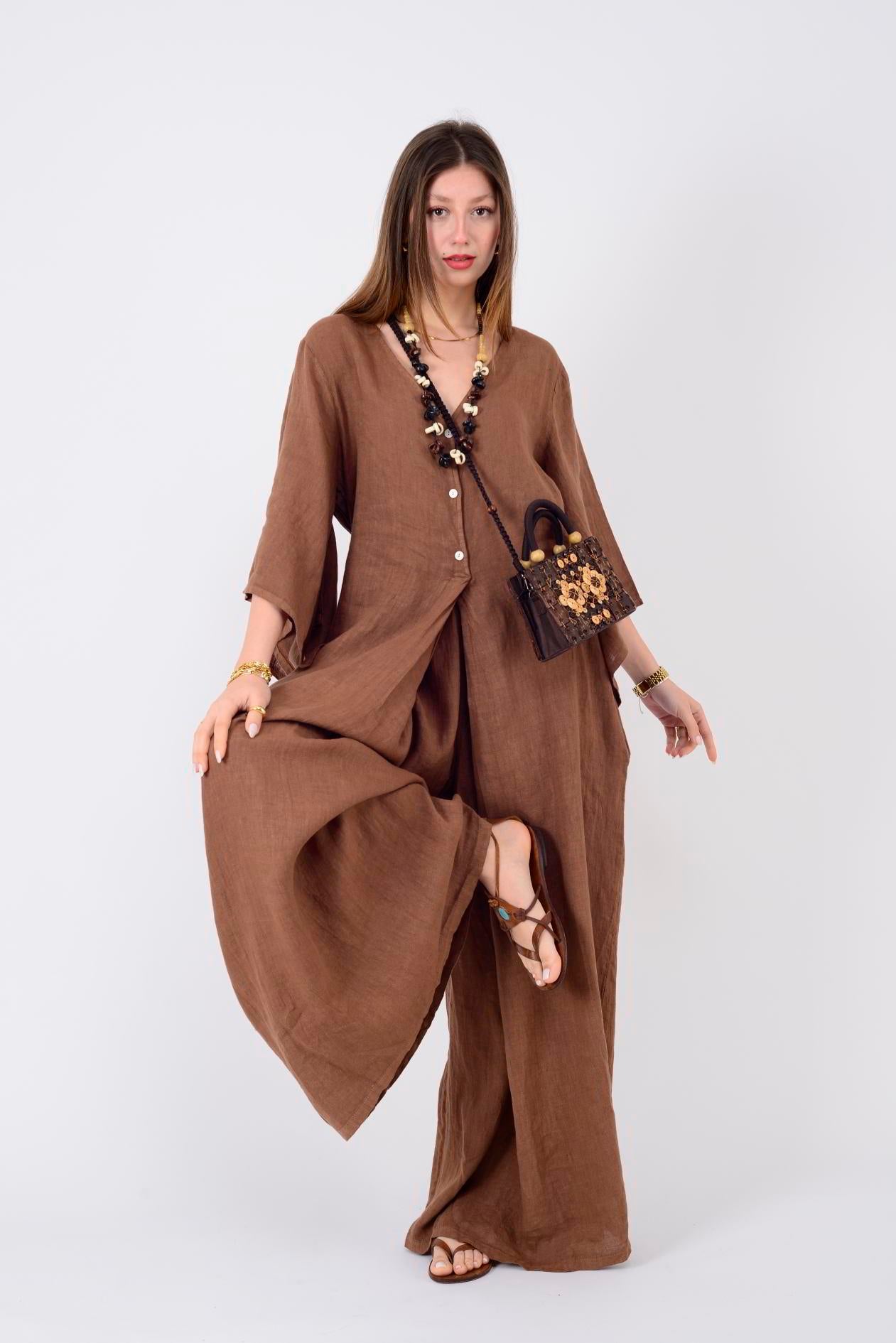 13927 ÜÇ DÜĞMELİ V YAKA KETEN TULUM