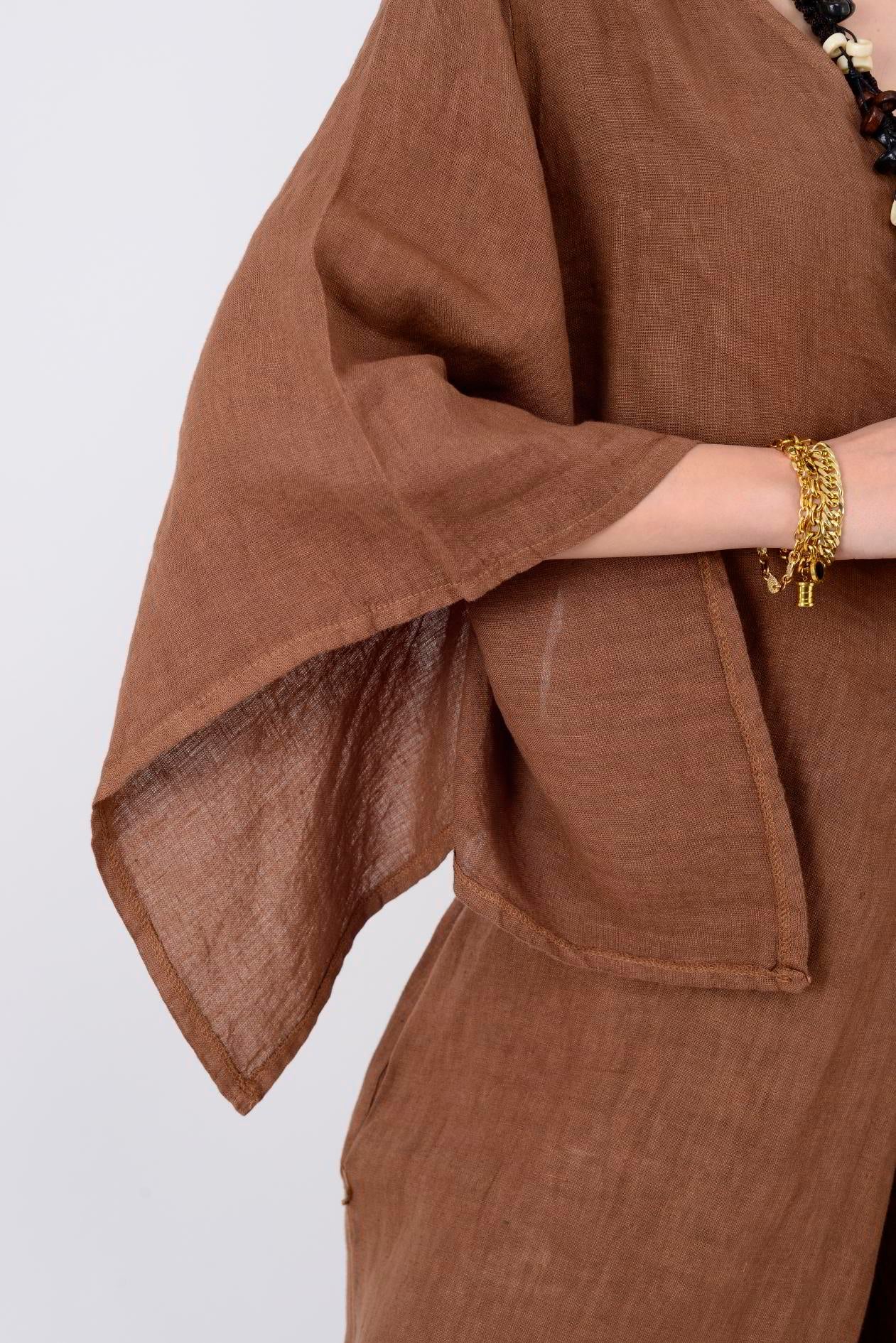 13927 ÜÇ DÜĞMELİ V YAKA KETEN TULUM