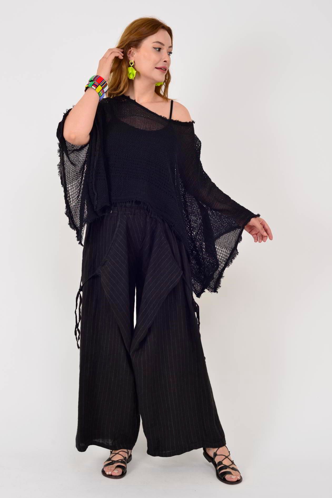 14219 ASİMETRİK KAPAKLI KETEN ŞALVAR