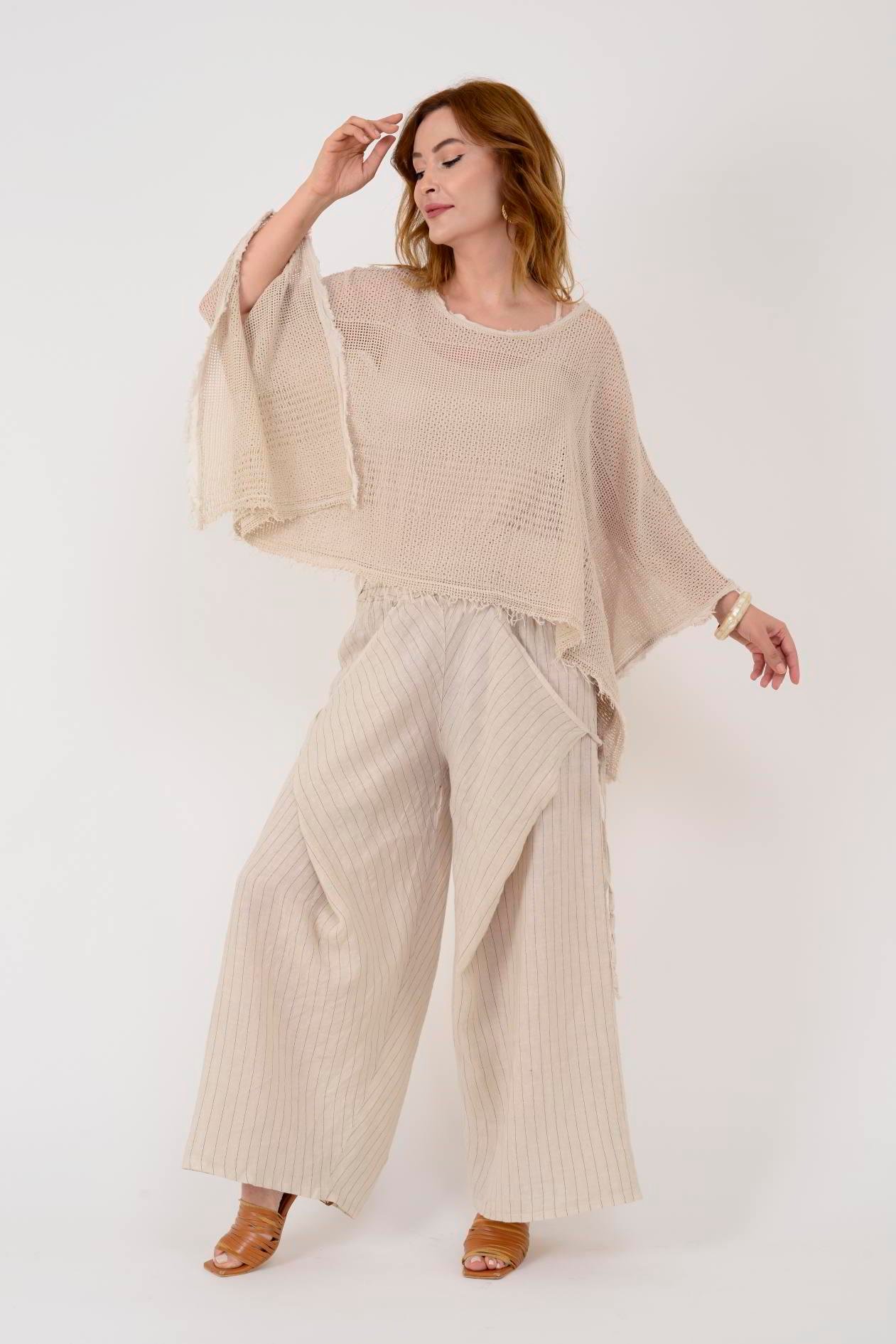 14219 ASİMETRİK KAPAKLI KETEN ŞALVAR