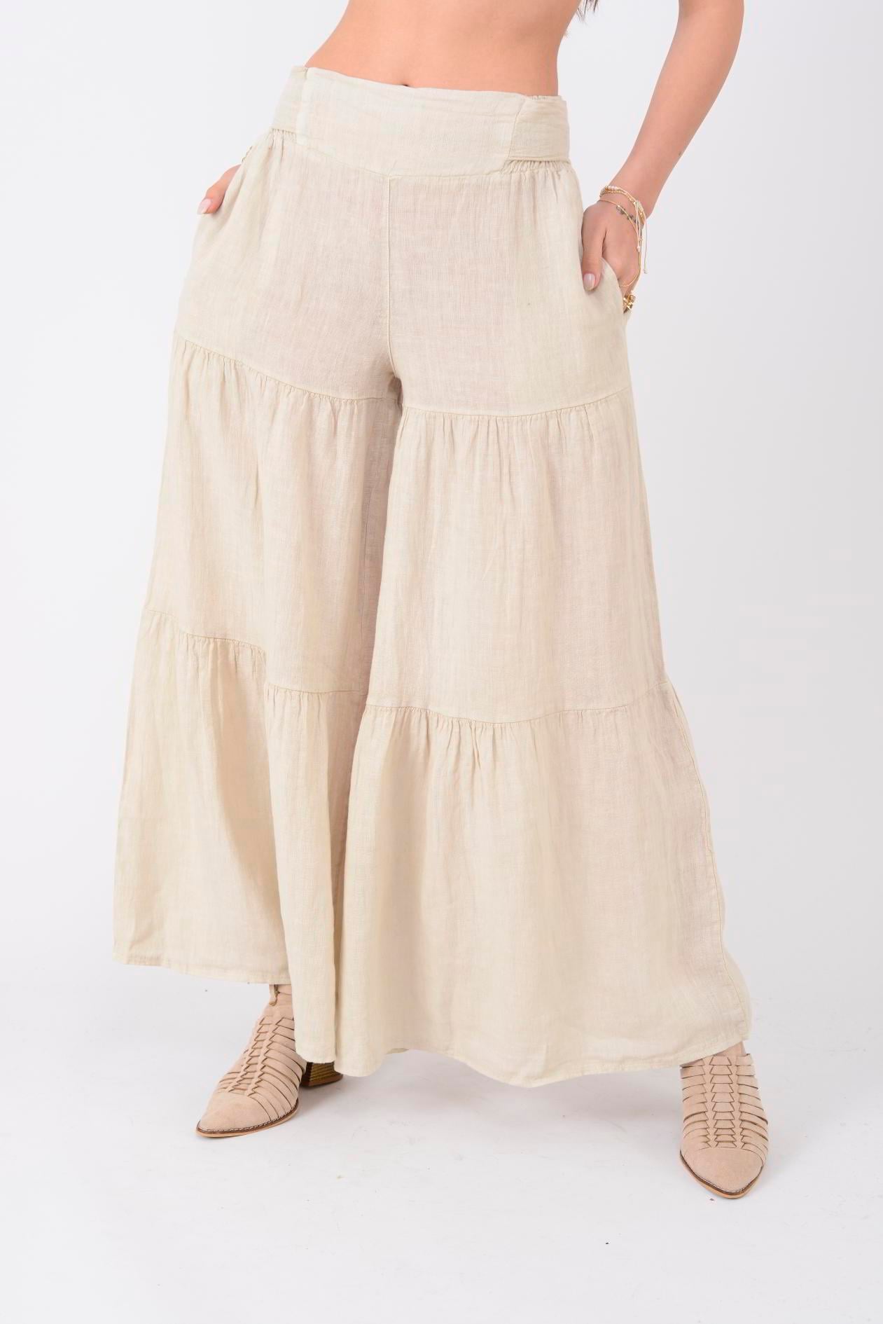 14740 FİYONK DETAYLI VOLAN KETEN PANTOLON