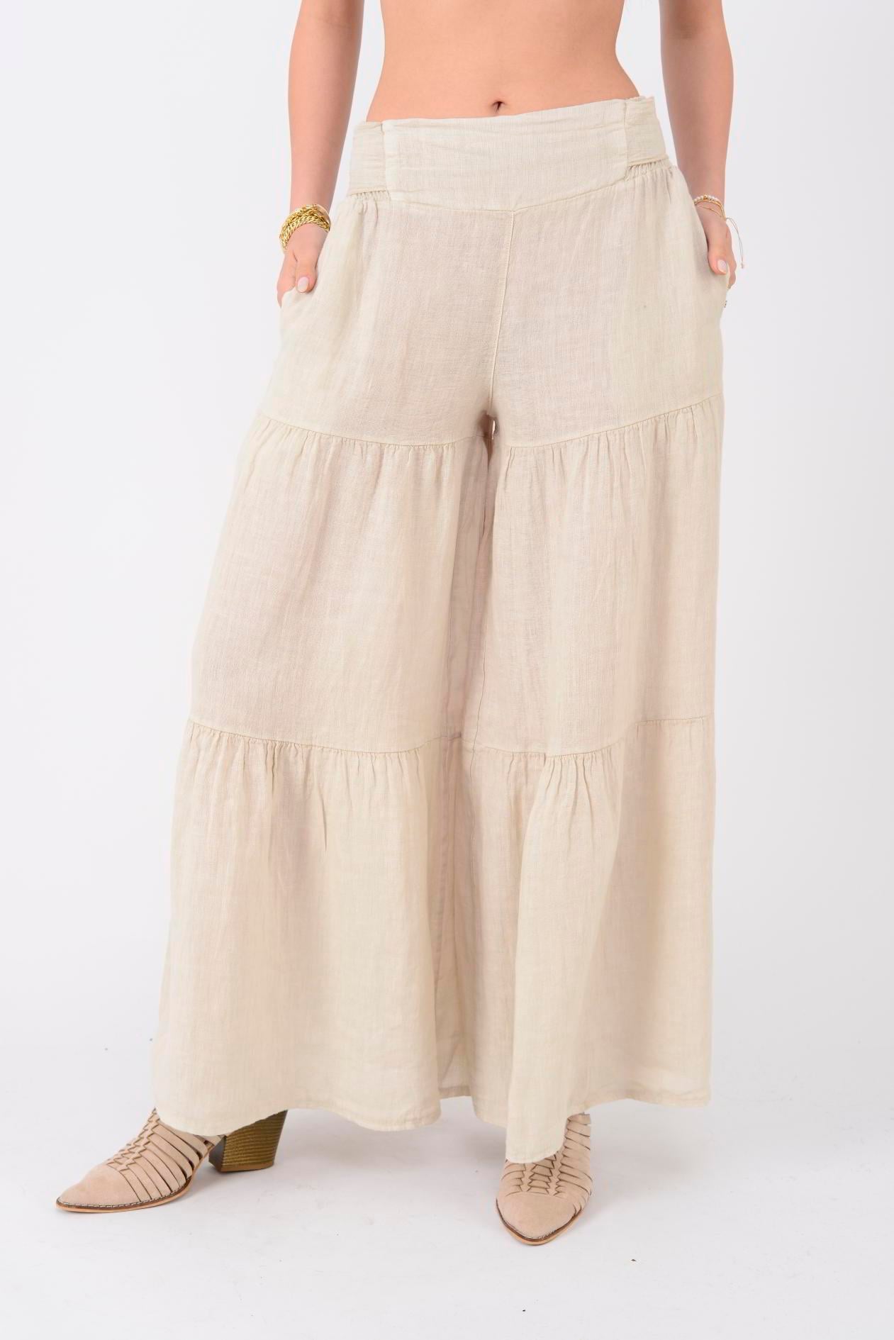 14740 FİYONK DETAYLI VOLAN KETEN PANTOLON
