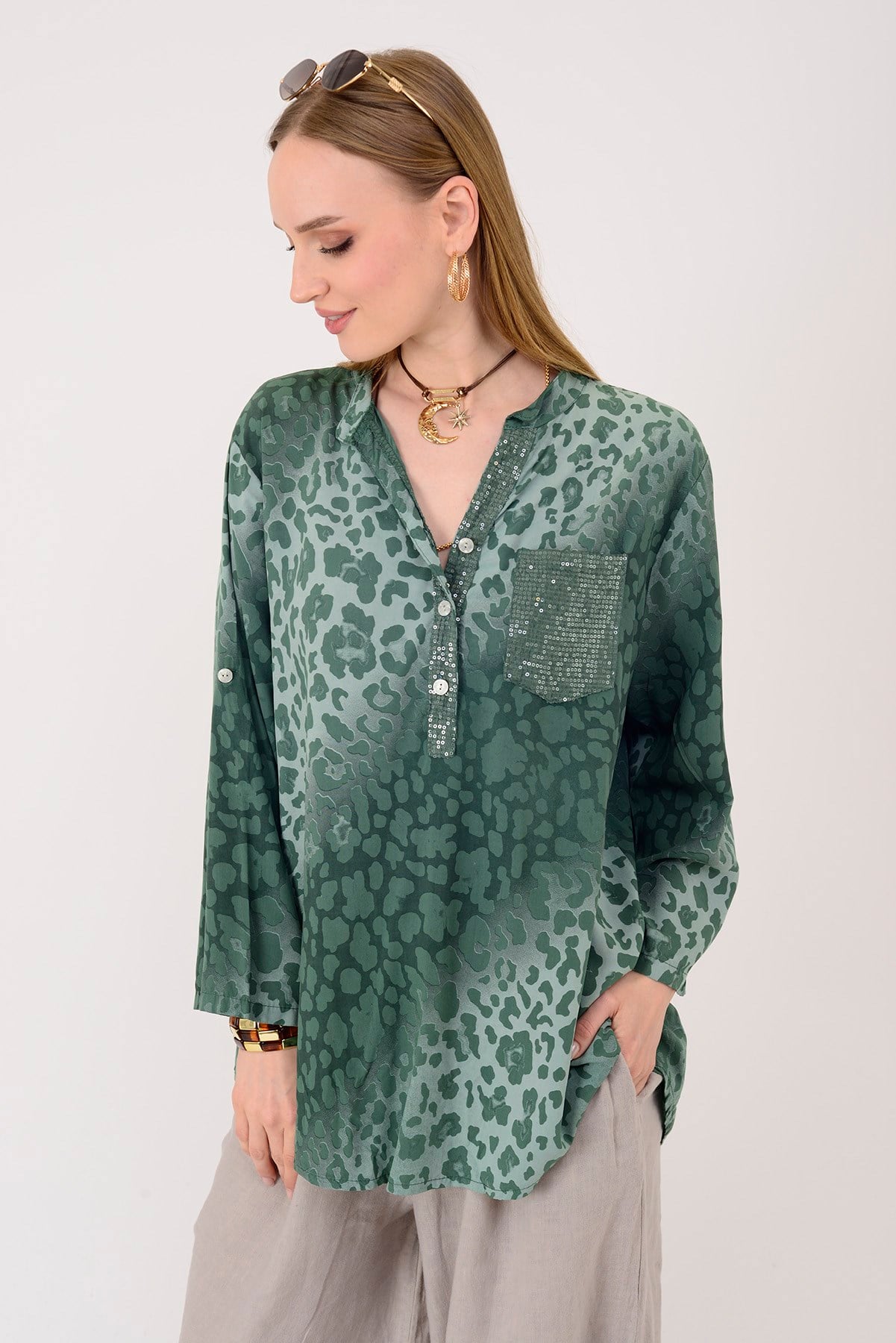 15451-16 PAYET DETAYLI LEOPAR DESEN GÖMLEK