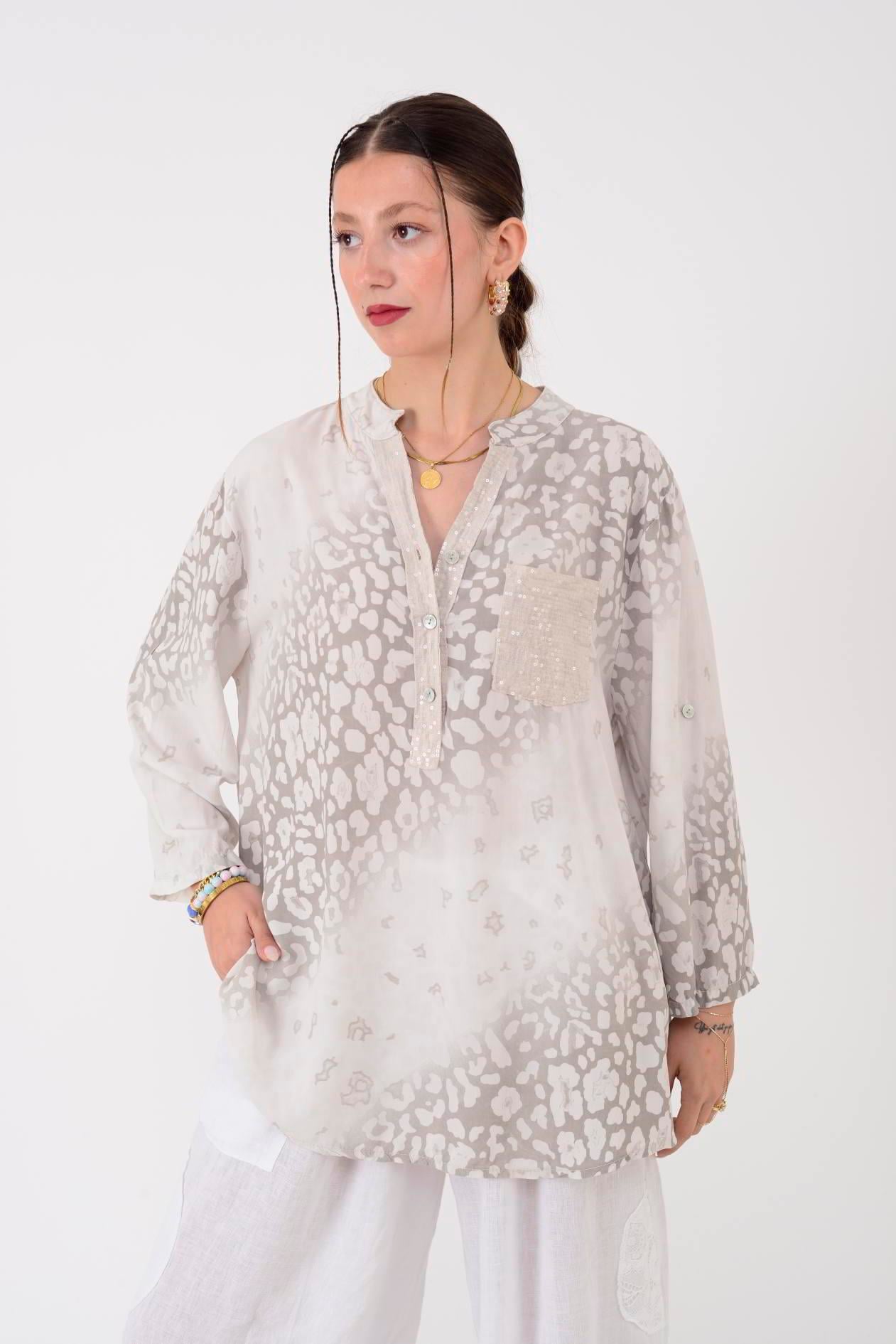 15451-16 PAYET DETAYLI LEOPAR DESEN GÖMLEK