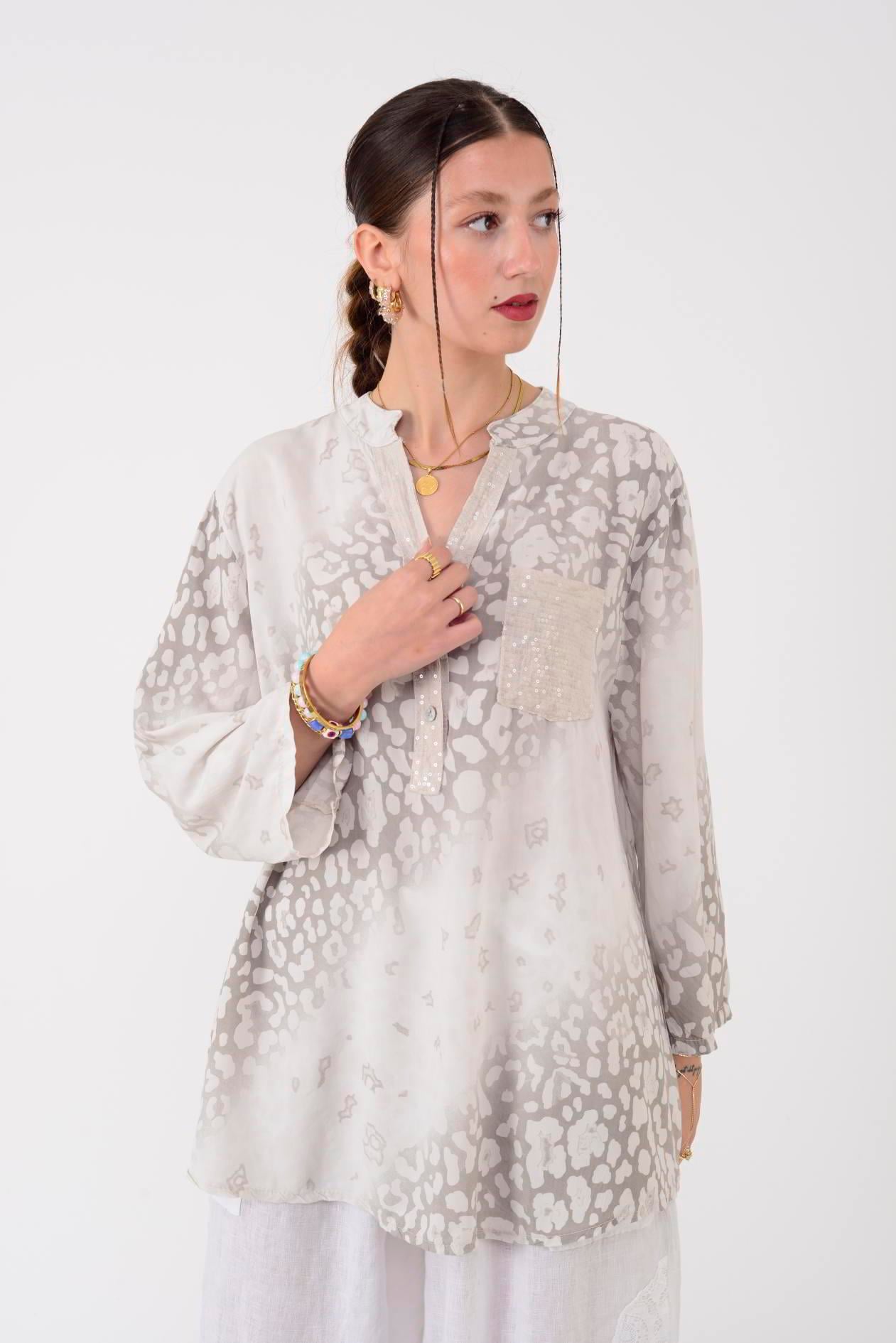 15451-16 PAYET DETAYLI LEOPAR DESEN GÖMLEK