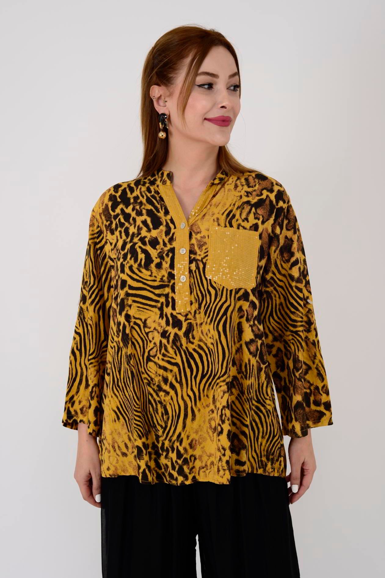 15451-8 LEOPAR DESEN PAYET DETAYLI GÖMLEK