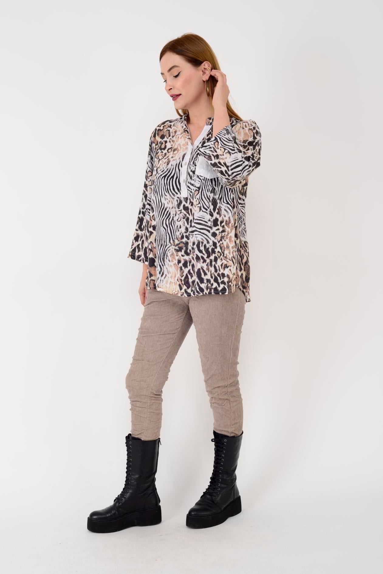 15451-8 LEOPAR DESEN PAYET DETAYLI GÖMLEK